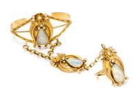 An 18 Karat Yellow Gold, Opal and Diamond Bracelet with Ring Attached, 34.80 dwts.