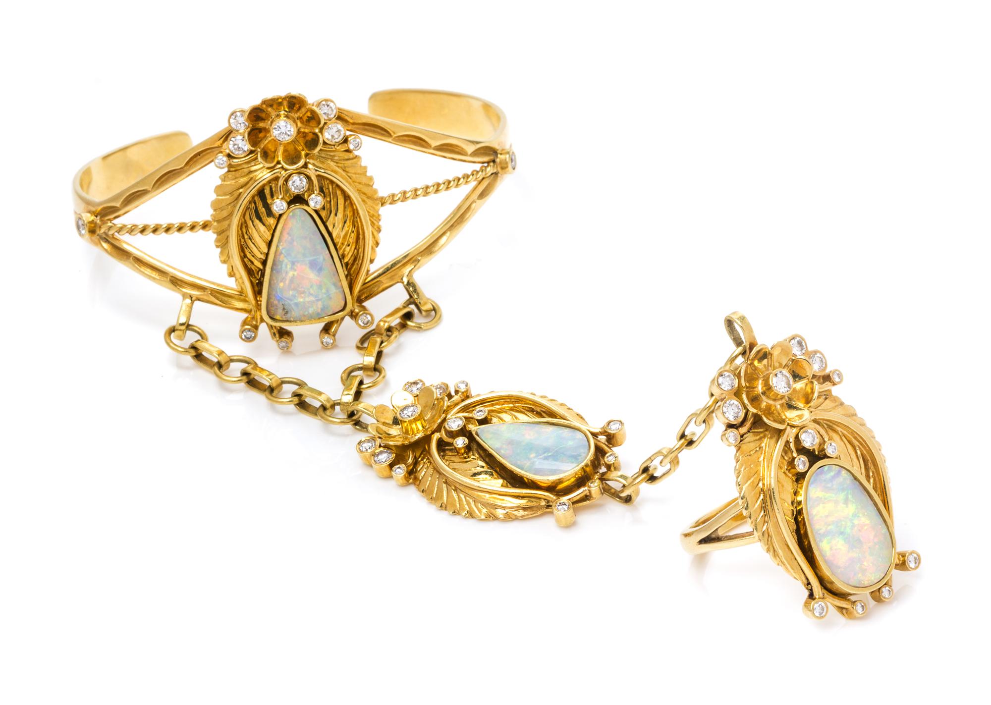 An 18 Karat Yellow Gold, Opal and Diamond Bracelet with Ring Attached, 34.80 dwts.