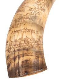 [FRENCH AND INDIAN WAR]. Powder horn featuring fine scrimshaw map of New York, identified to John Hosmer, likely made at Crown Point, 1759.