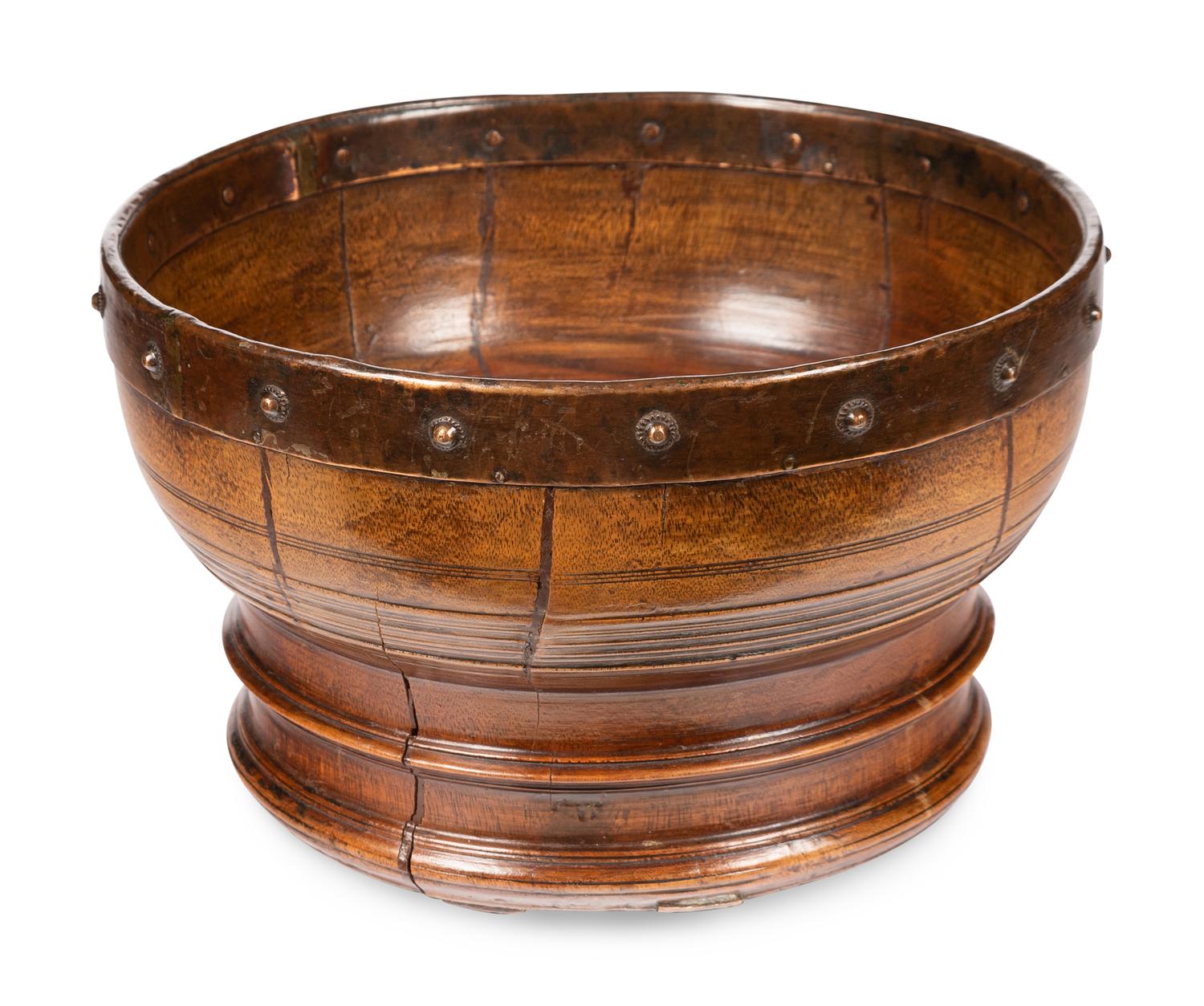 A Scottish Turned Walnut and Studded Copper-Rimmed Wassail Bowl