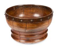 A Scottish Turned Walnut and Studded Copper-Rimmed Wassail Bowl