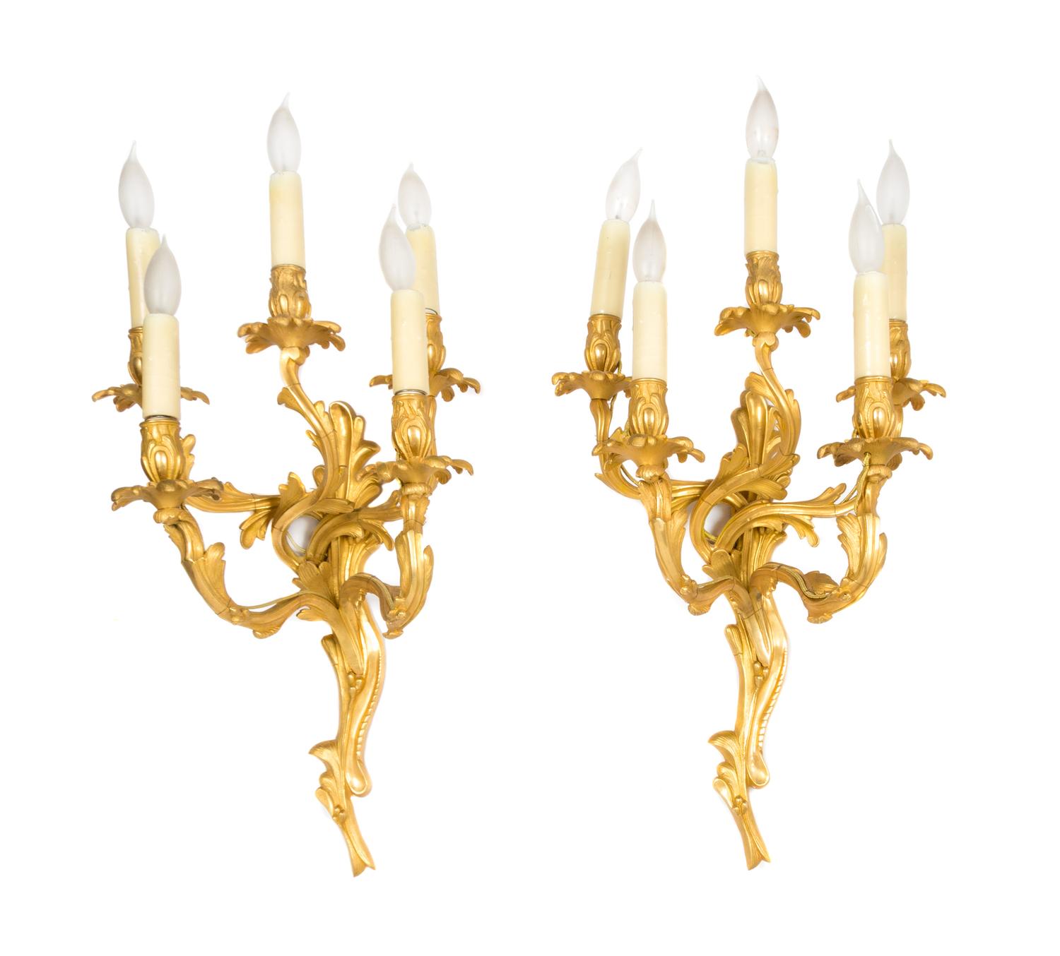 A Pair of Louis XV Style Gilt Bronze Five-Light Sconces Height 20 inches. — 19TH CENTURY