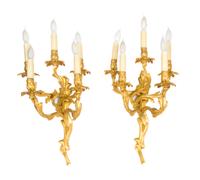 A Pair of Louis XV Style Gilt Bronze Five-Light Sconces Height 20 inches. — 19TH CENTURY