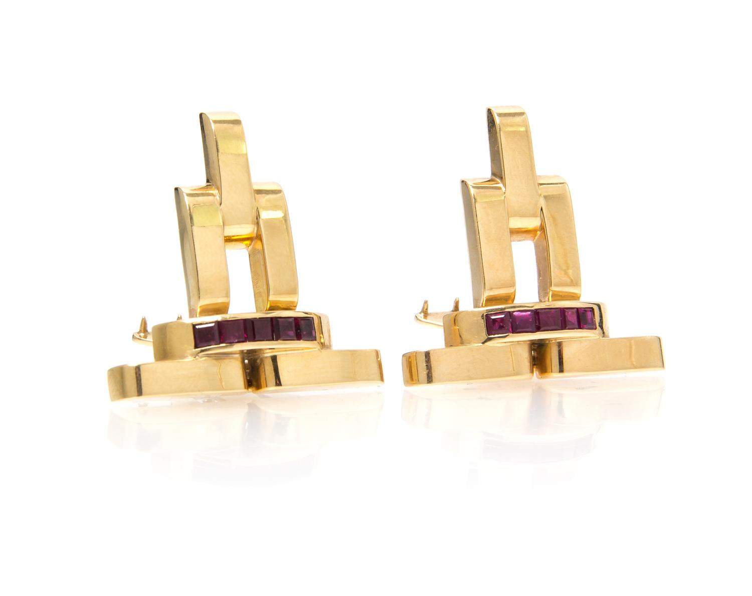 A Pair of Retro 14 Karat Yellow Gold and Ruby Dress Clips, Wordley, Allsopp & Bliss, 13.50 dwts.