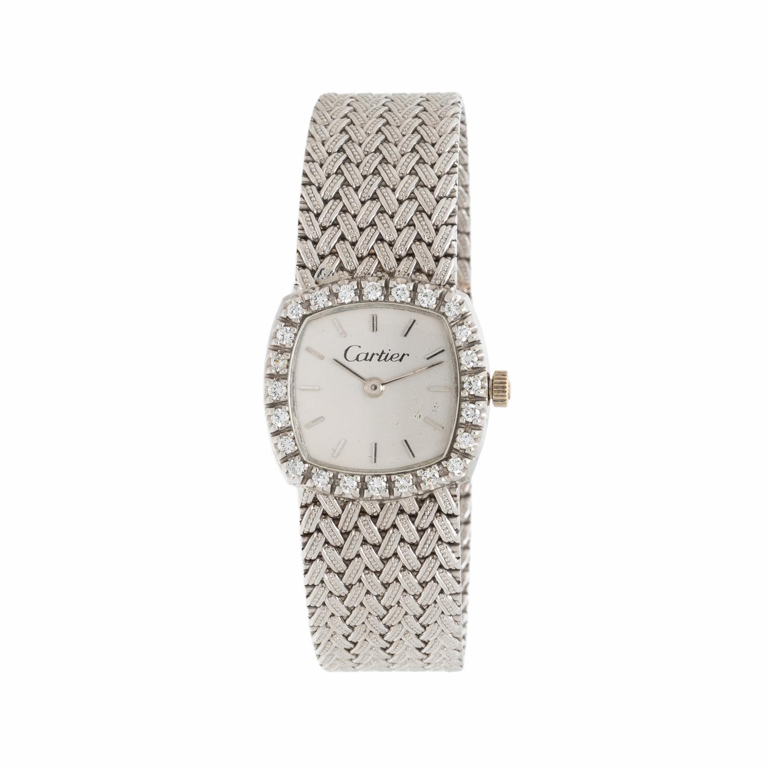 Cartier, 18K White Gold Watch with Diamond Bezel and Integrated Bracelet