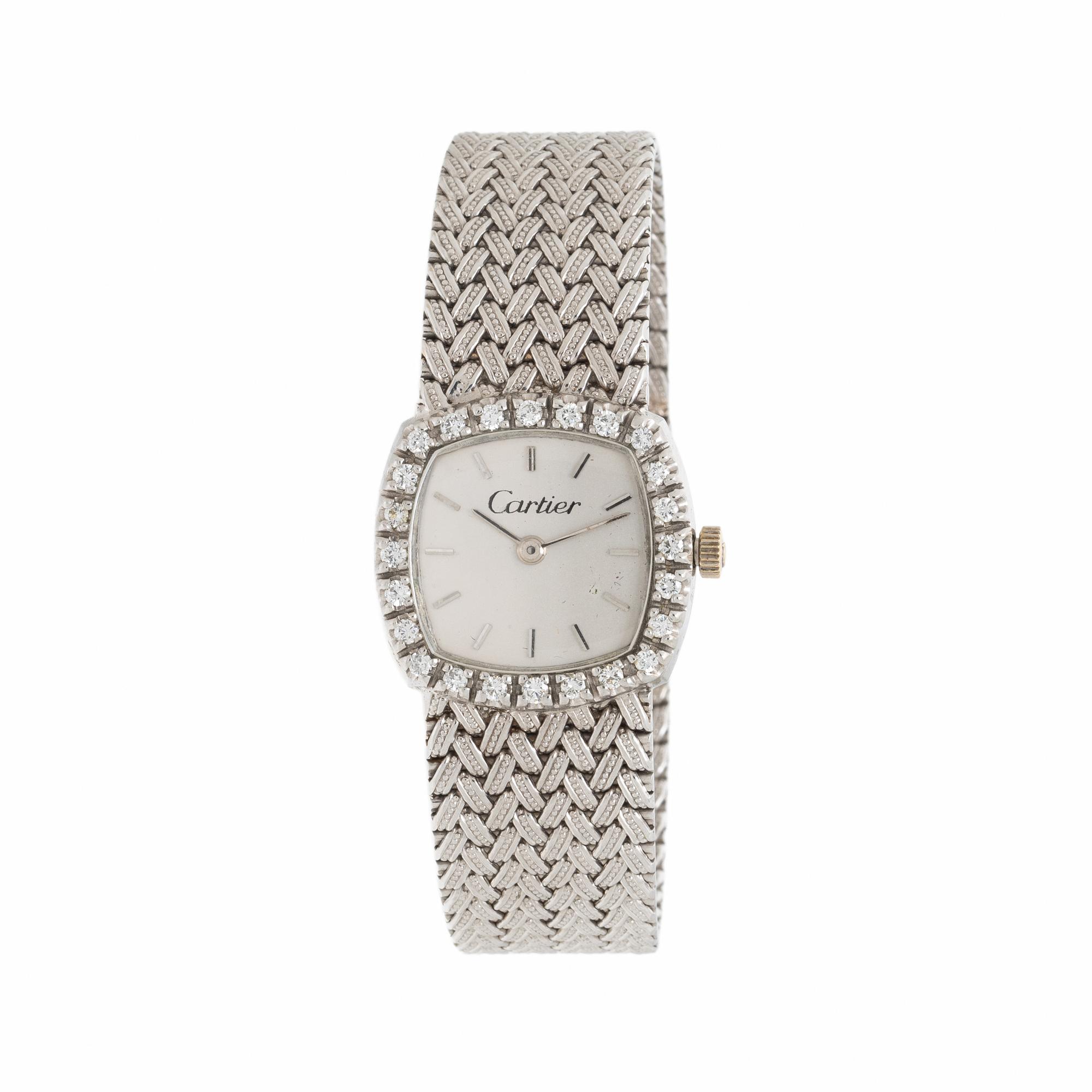 Cartier, 18K White Gold Watch with Diamond Bezel and Integrated Bracelet
