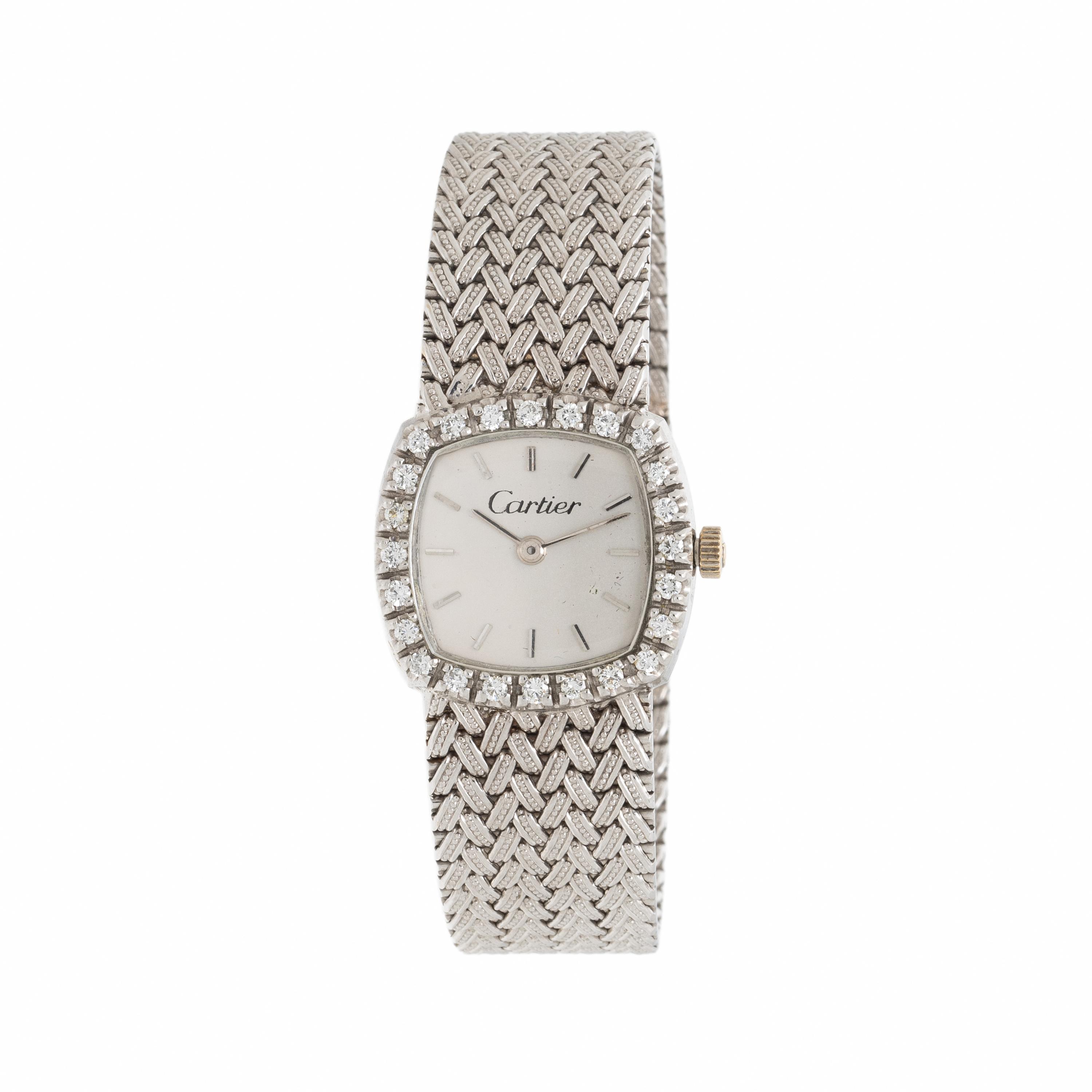 Cartier, 18K White Gold Watch with Diamond Bezel and Integrated Bracelet