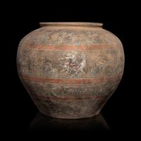 A Chinese Painted Pottery 'Mythical Beast' Jar, Han Dynasty — 漢 灰陶彩繪狩獵圖大罐