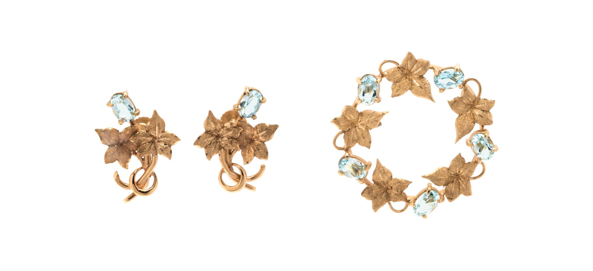 YELLOW GOLD AND AQUAMARINE LEAF MOTIF SET