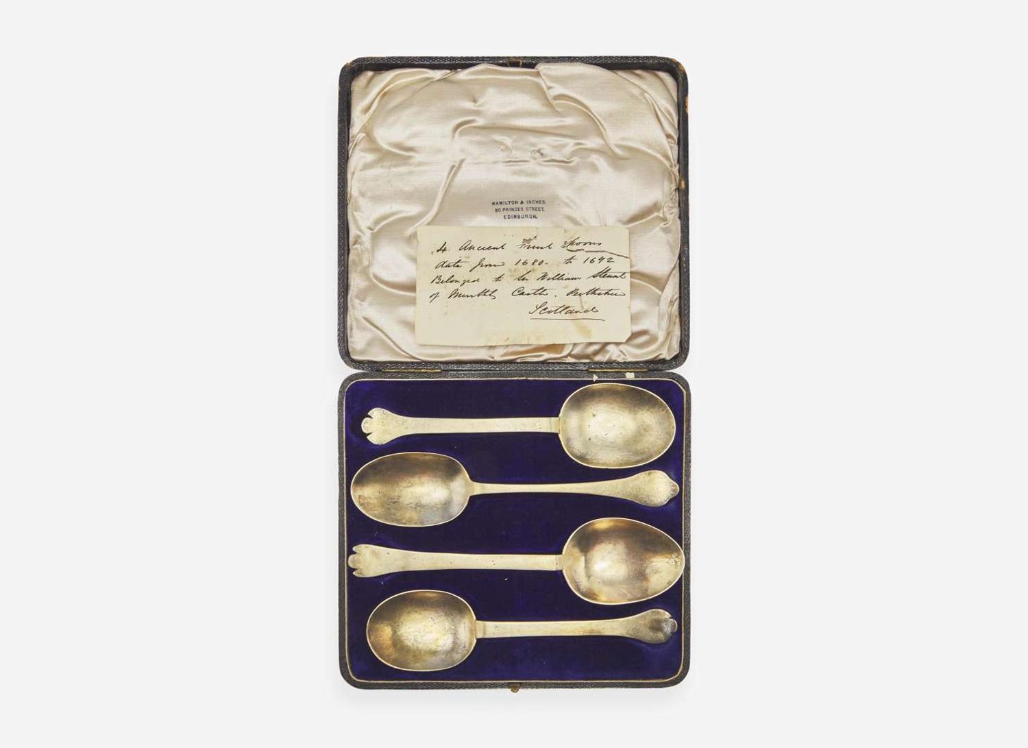 An assembled set of four early English silver spoons of Scottish historical interest, late 17th century