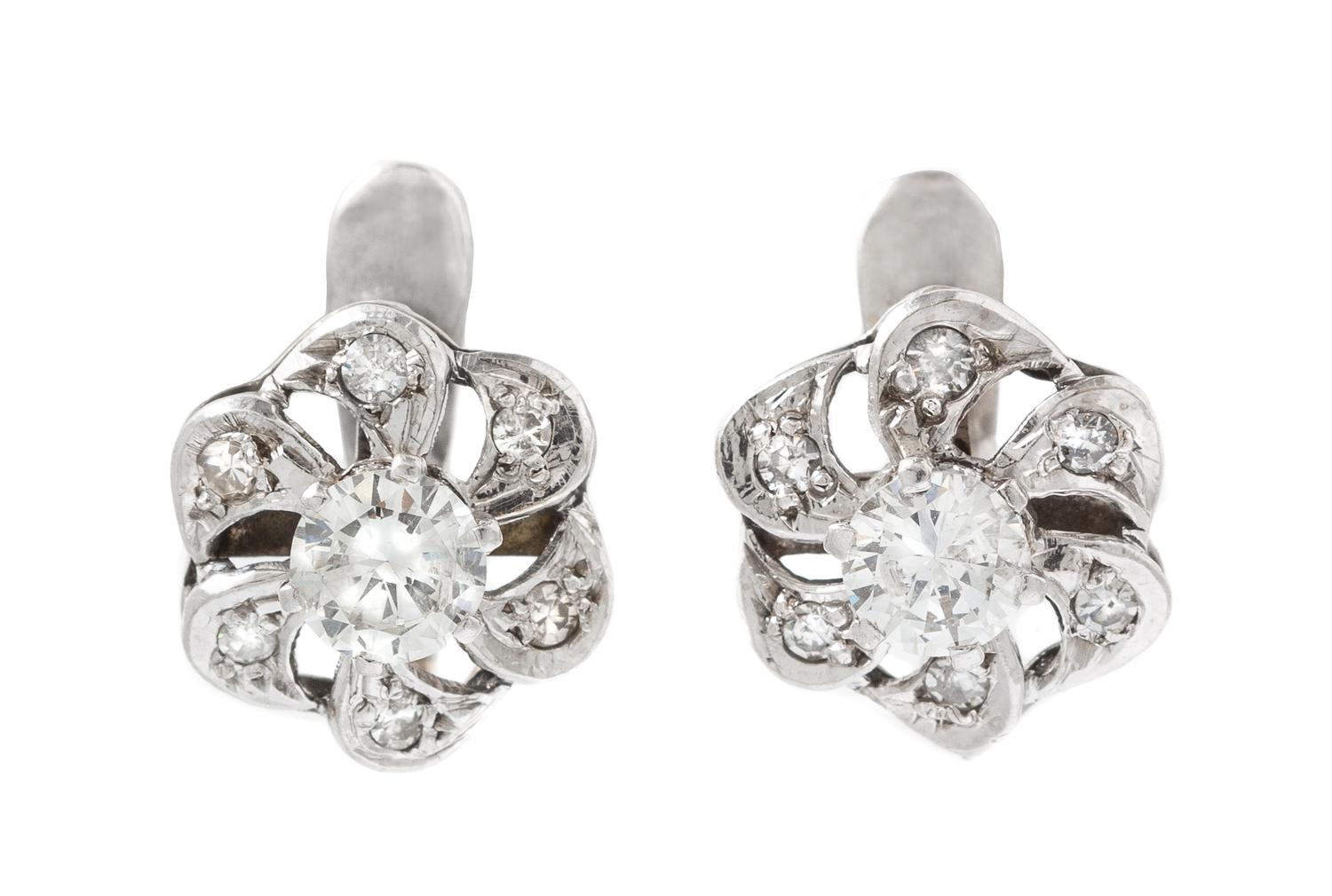 A Pair of White Gold and Diamond Floral Motif Earrings, 2.20 dwts.