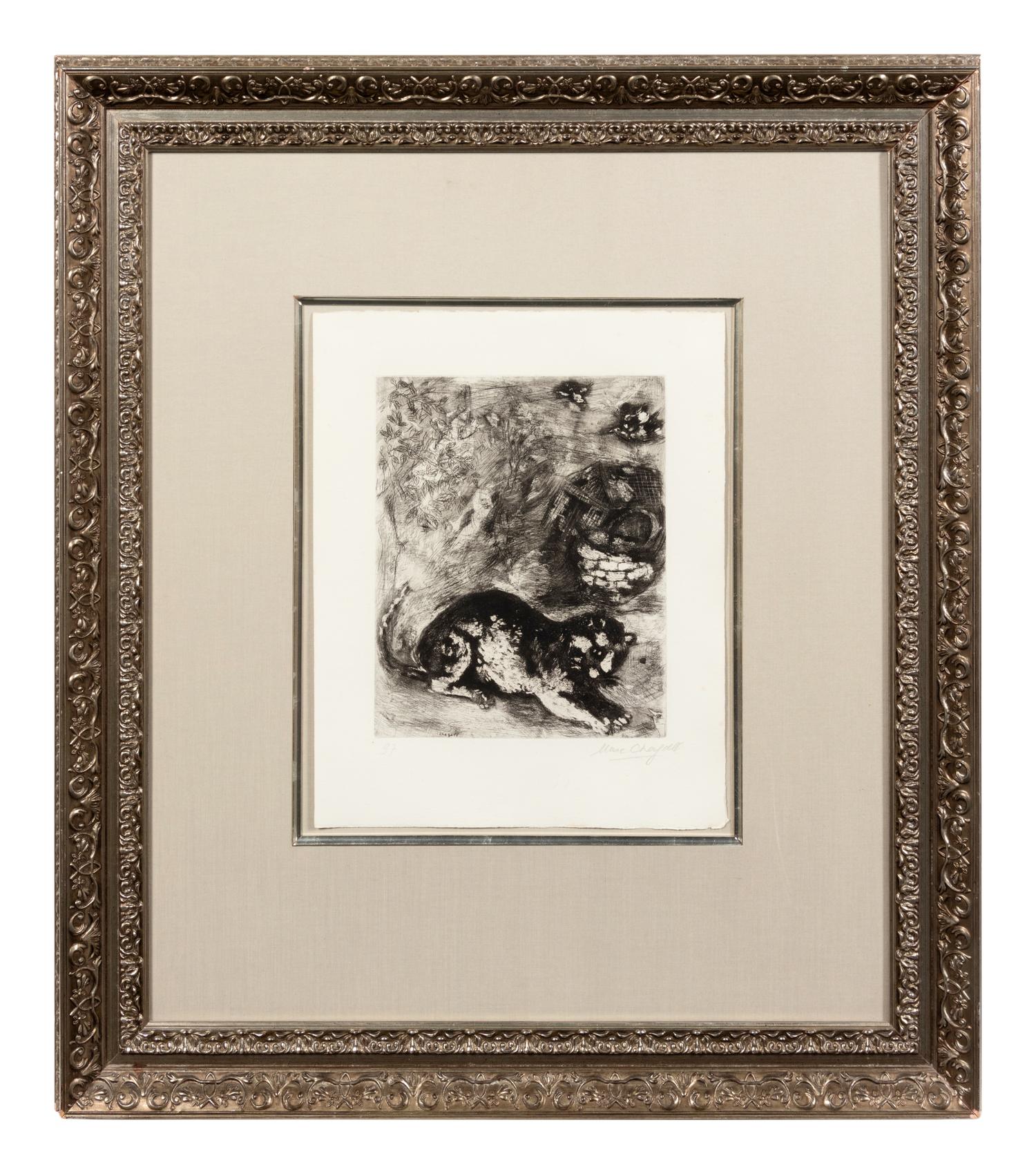 Le chat et les deux moineaus (one plate from La Fontaine Fables )