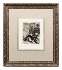 Le chat et les deux moineaus (one plate from La Fontaine Fables )