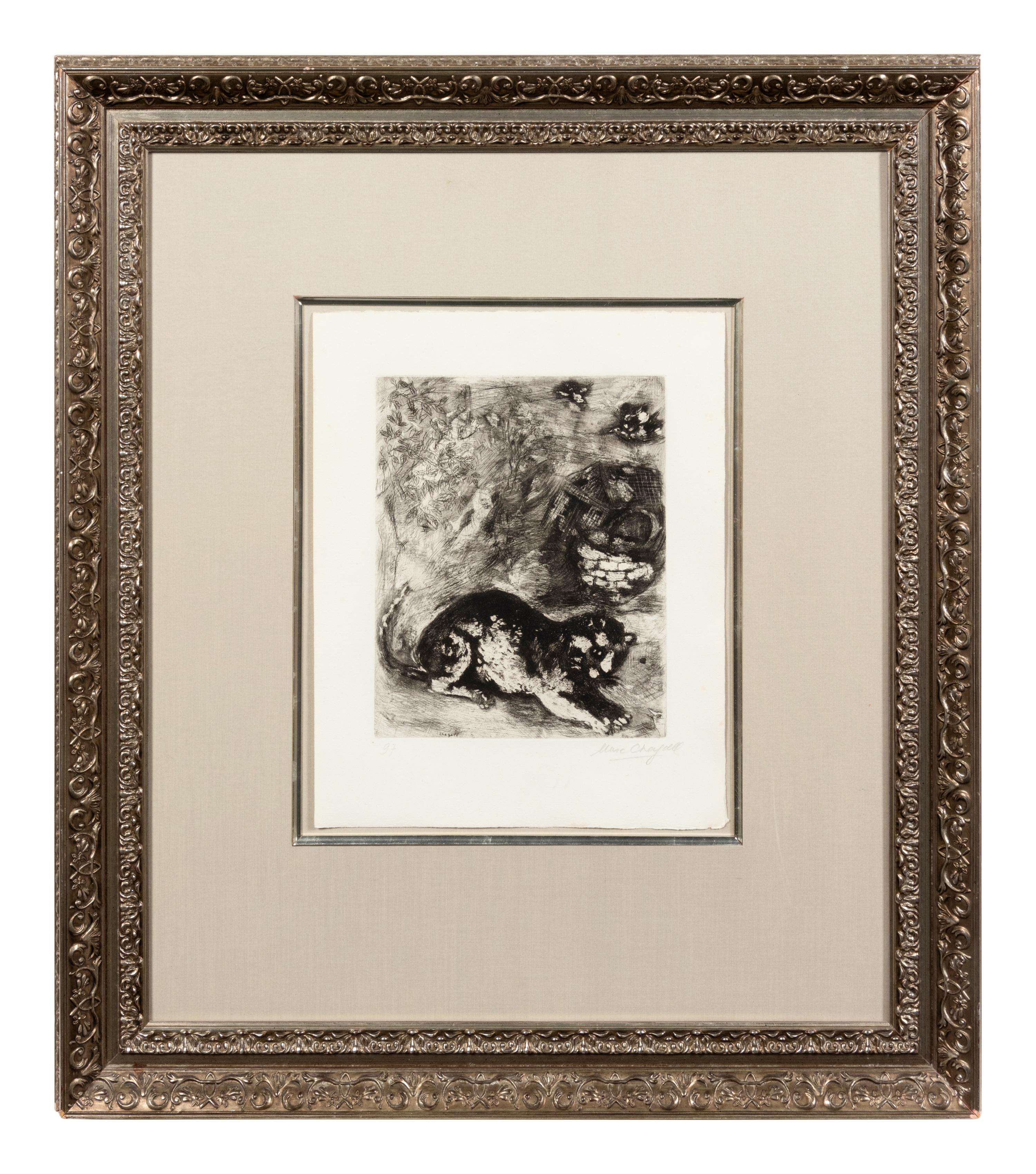 Le chat et les deux moineaus (one plate from La Fontaine Fables )