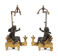 A Pair of French Gilt and Patinated Bronze Figural Chenets Mounted as Lamps