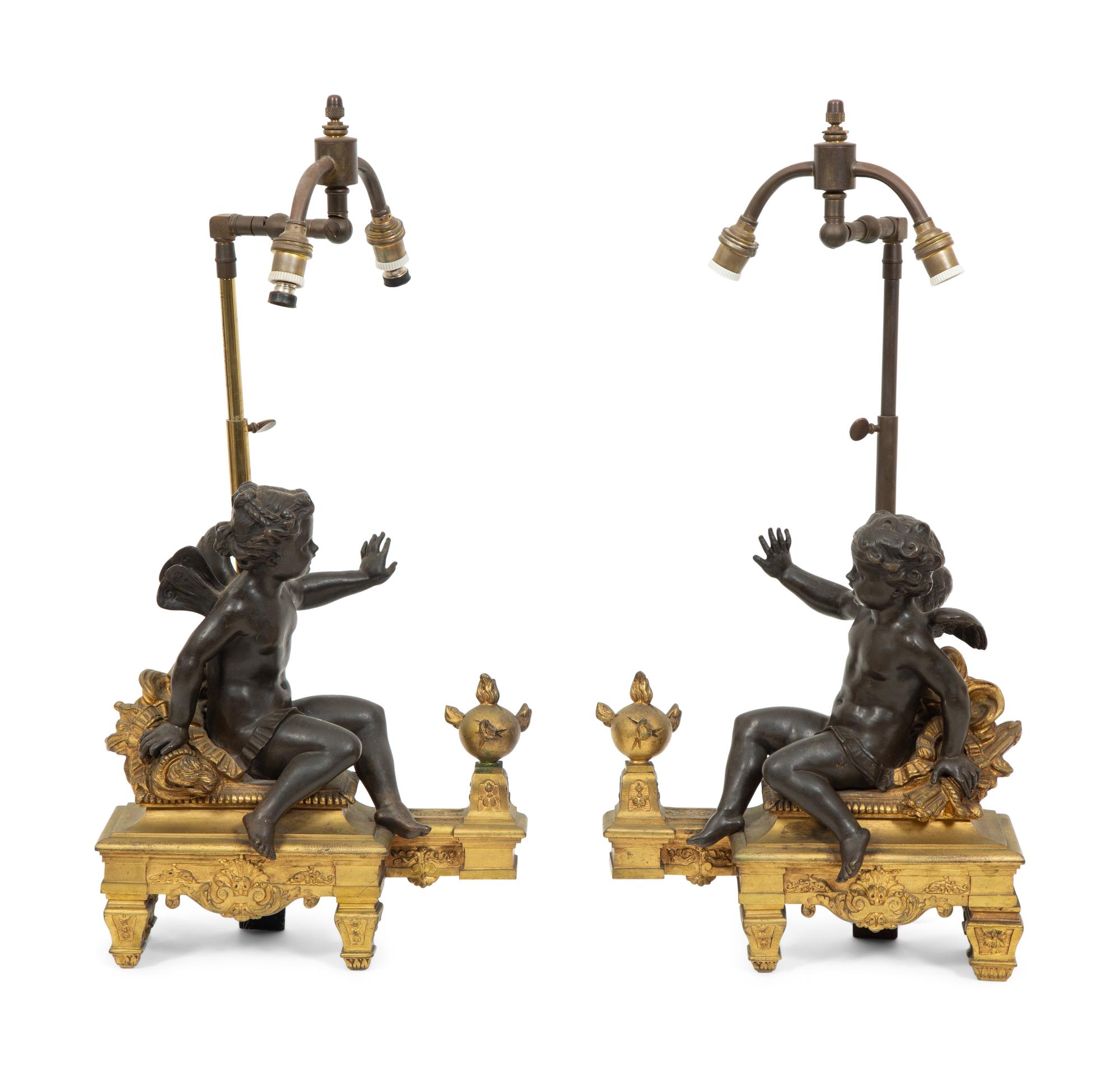 A Pair of French Gilt and Patinated Bronze Figural Chenets Mounted as Lamps