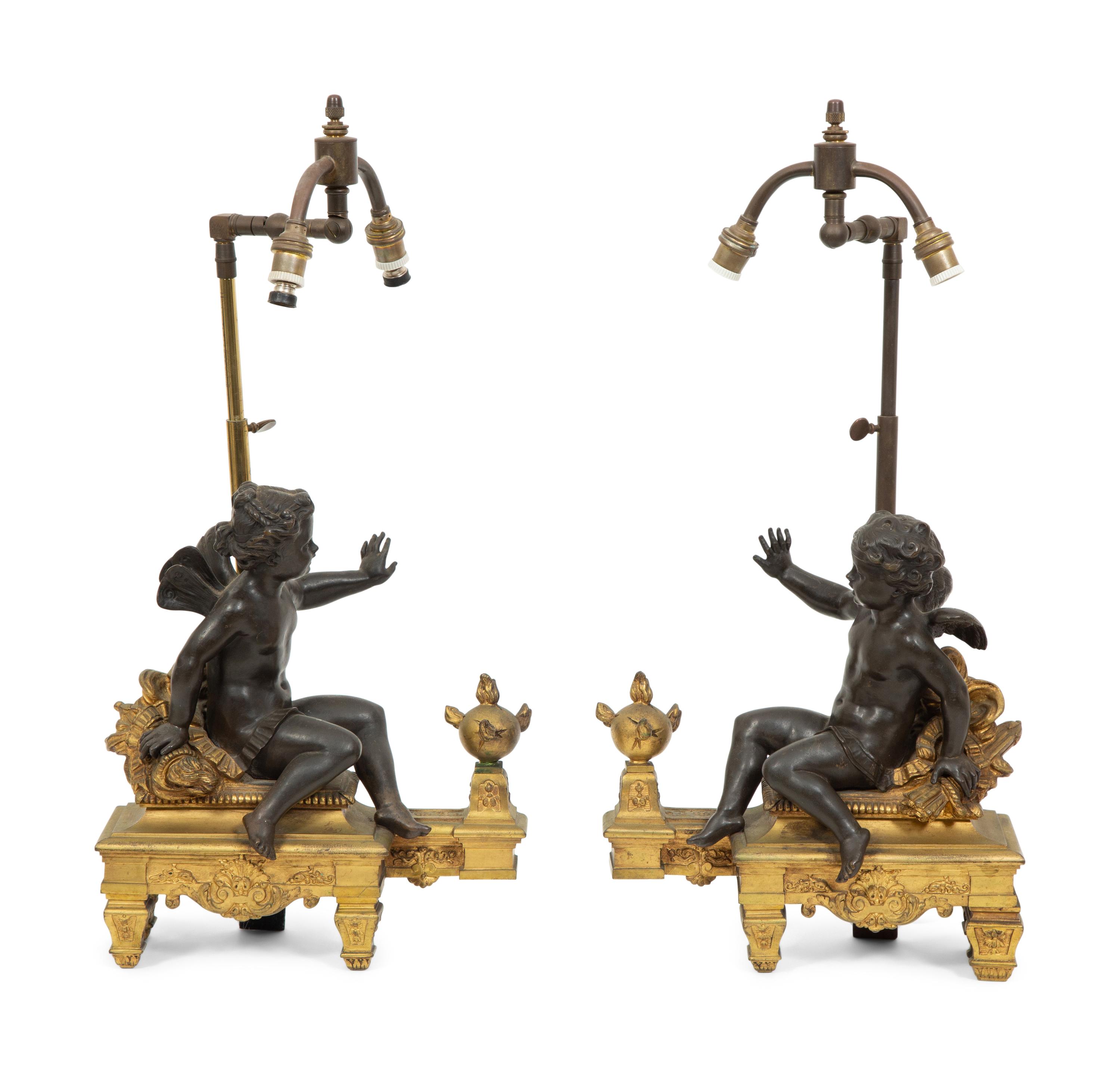 A Pair of French Gilt and Patinated Bronze Figural Chenets Mounted as Lamps