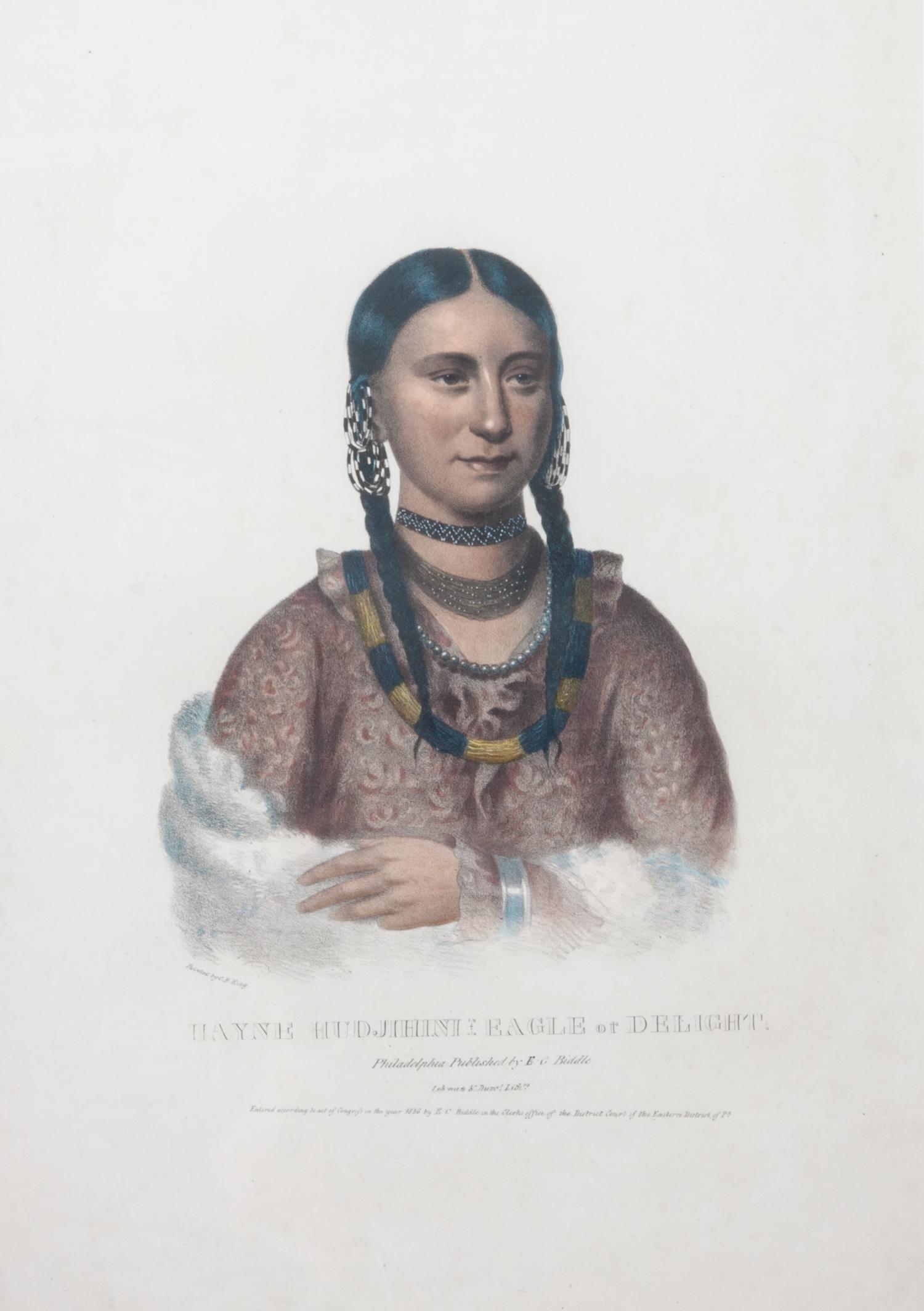 Hand colored lithograph from The History of the Indian Tribes of North America , titled Hayne-Hudjihini, The Eagle of Delight