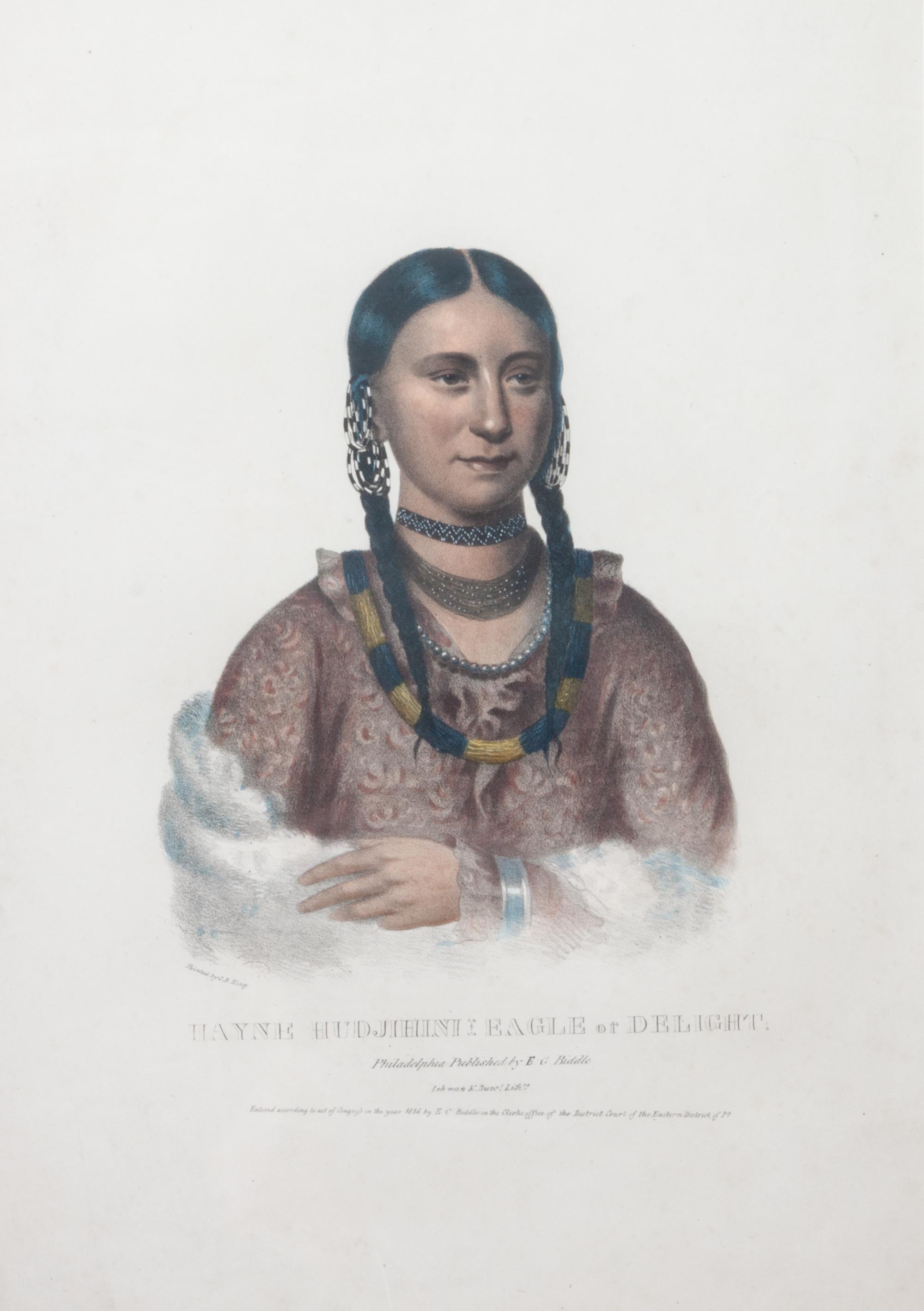 Hand colored lithograph from The History of the Indian Tribes of North America , titled Hayne-Hudjihini, The Eagle of Delight