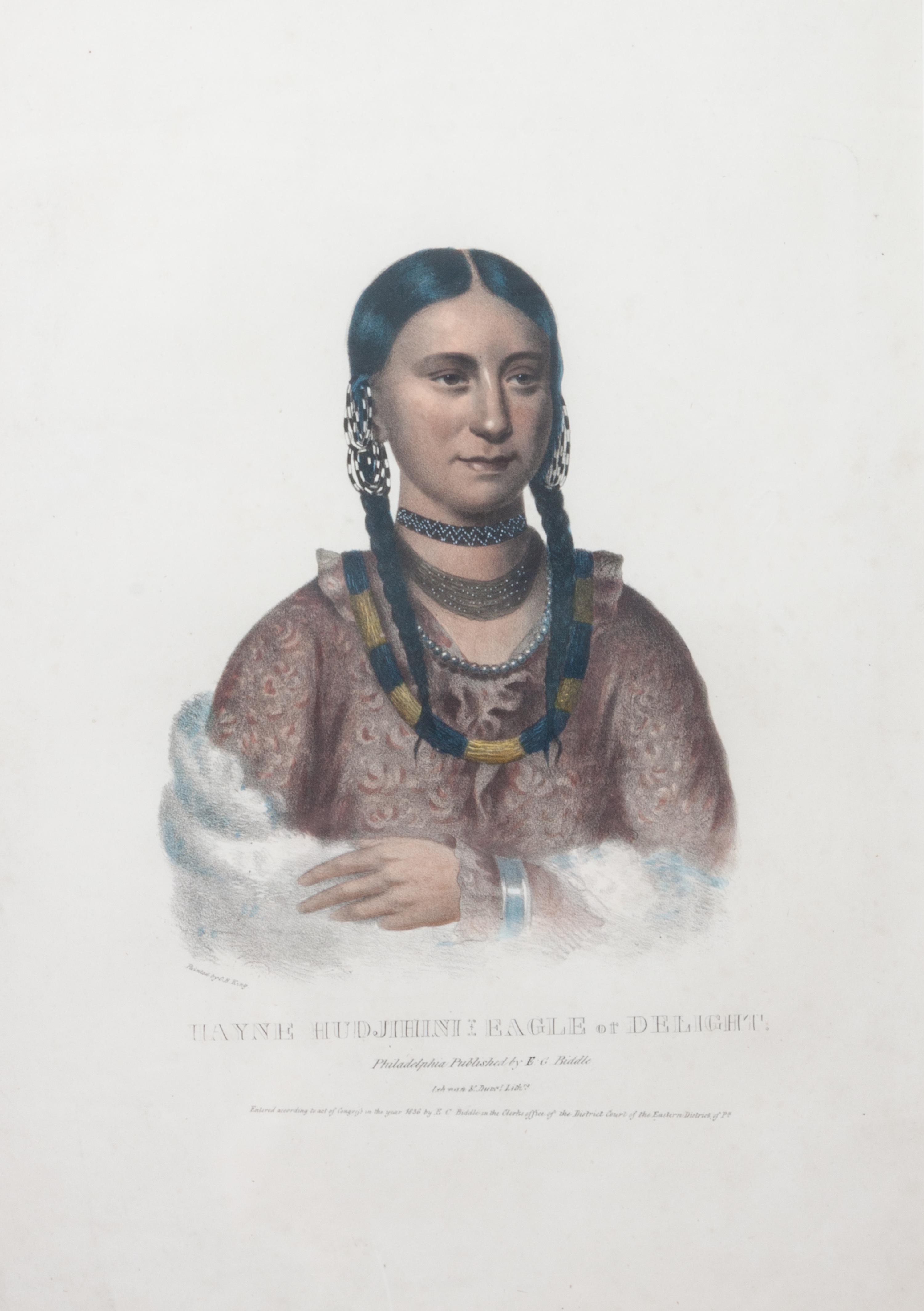 Hand colored lithograph from The History of the Indian Tribes of North America , titled Hayne-Hudjihini, The Eagle of Delight