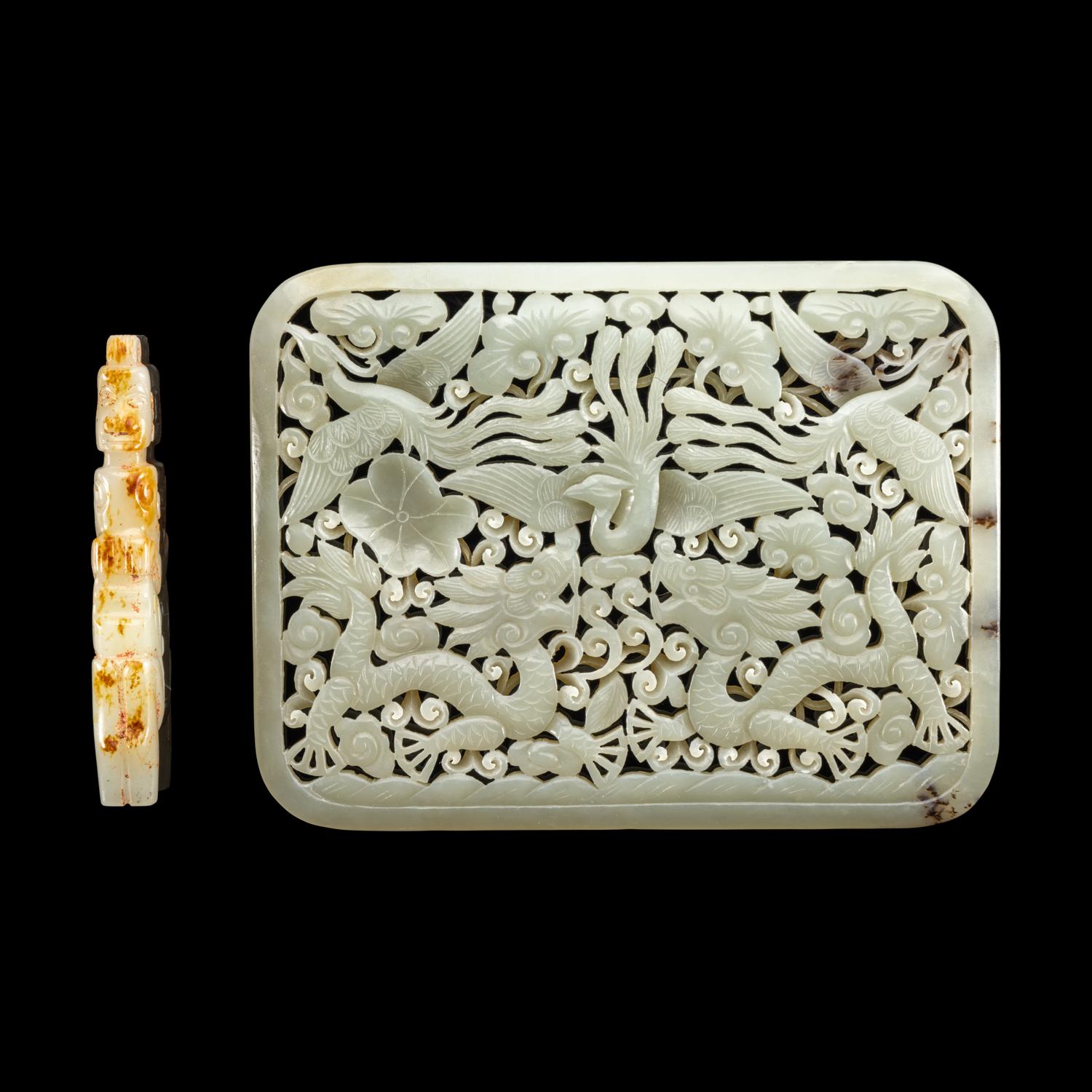 A Chinese Reticulated Jade Plaque and An Archaistic Jade Figure 青玉鏤雕龍鳳紋屏及仿古玉俑