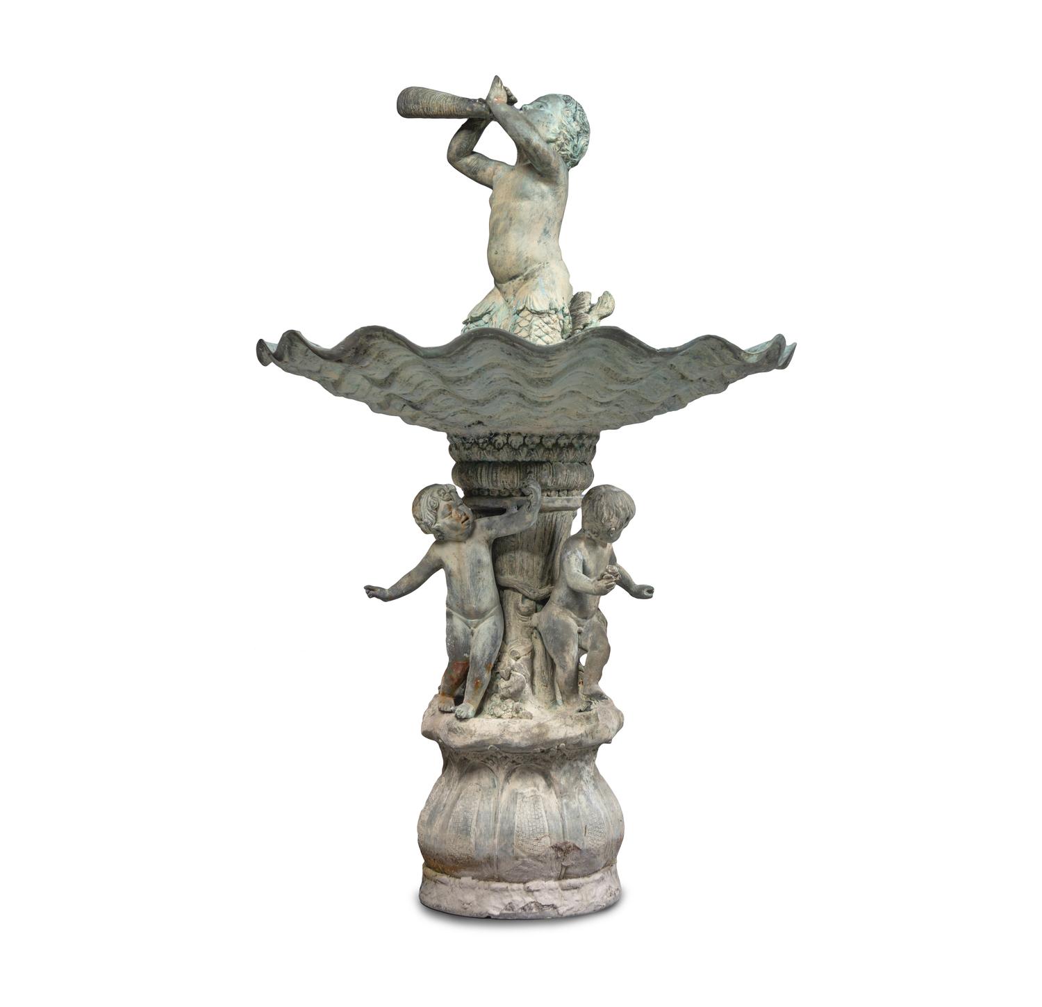A Pair of Neoclassic Style Patinated Bronze Garden Urns and a Fountain