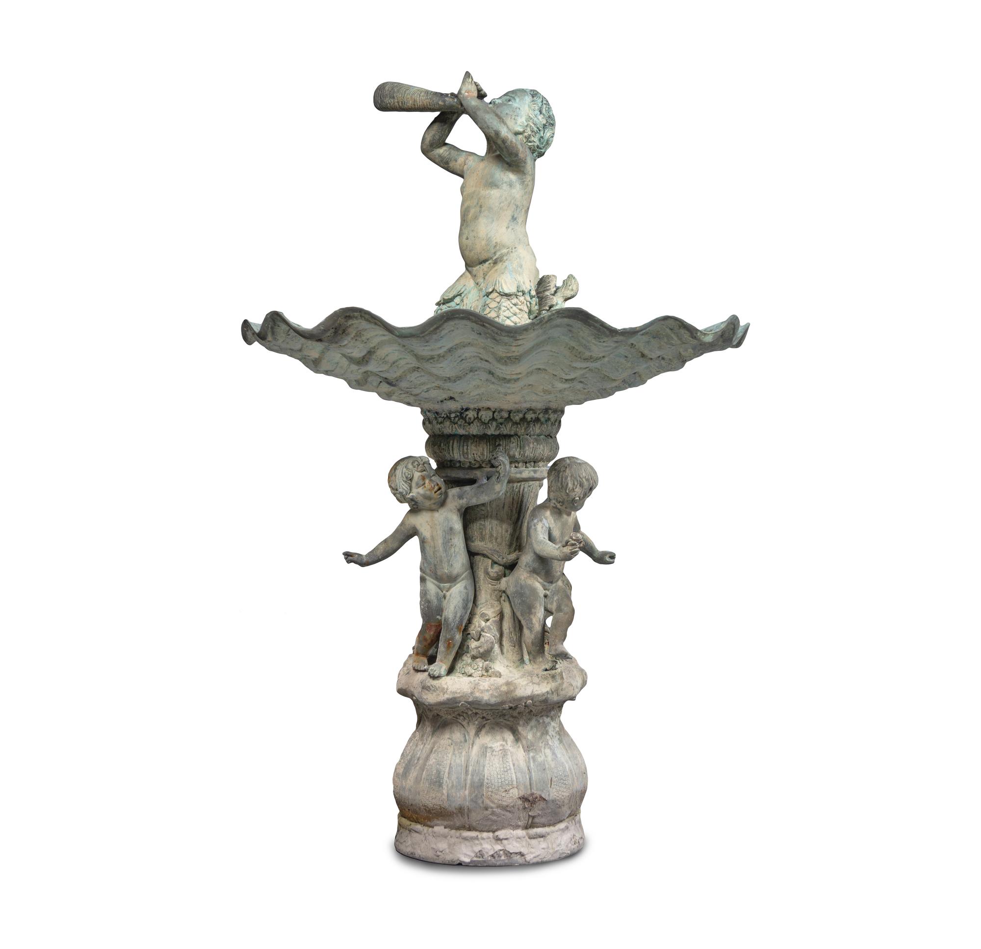 A Pair of Neoclassic Style Patinated Bronze Garden Urns and a Fountain