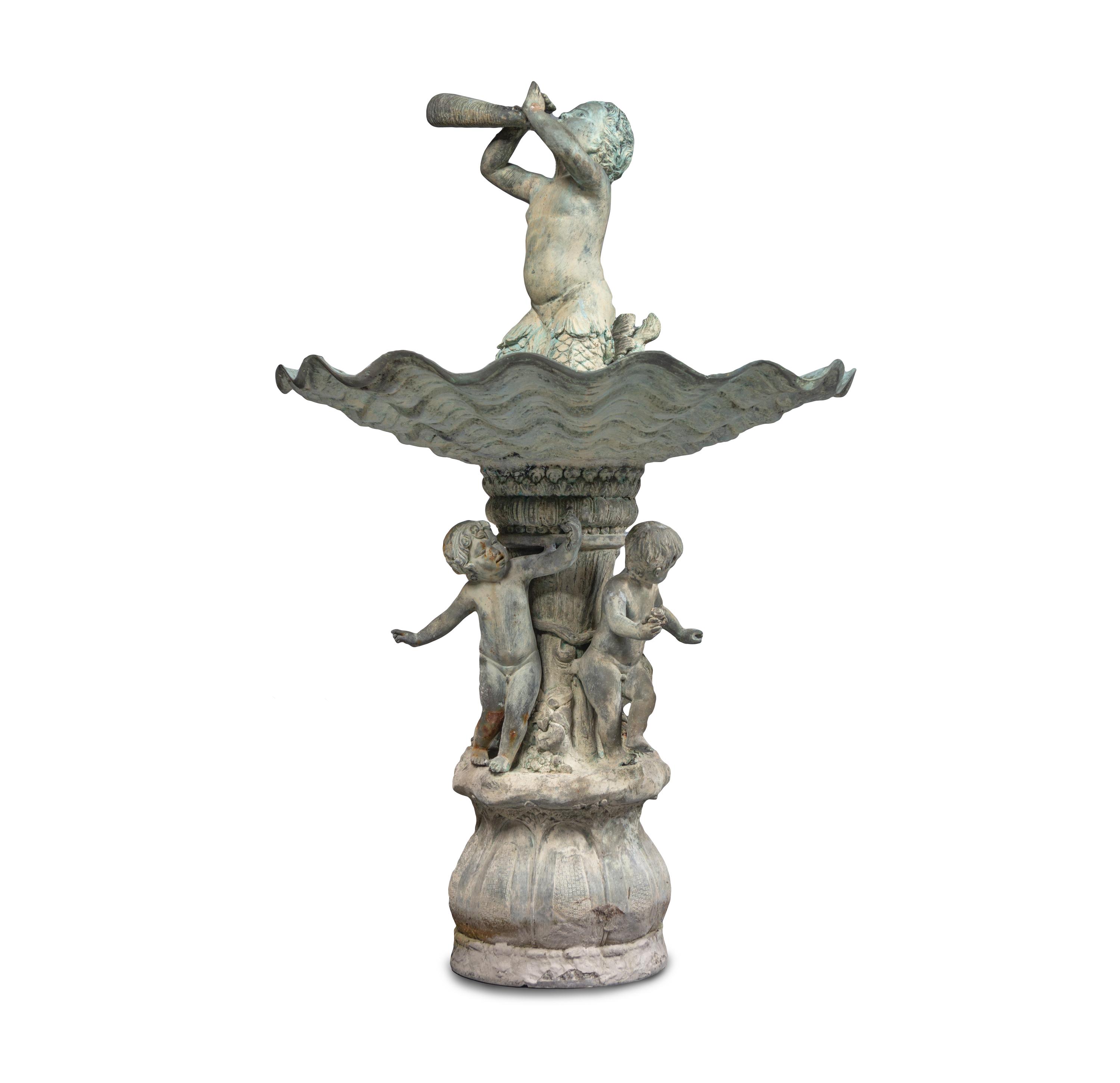 A Pair of Neoclassic Style Patinated Bronze Garden Urns and a Fountain