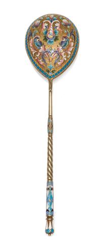 A Russian Silver-Gilt and Enamel Spoon, Mark of D. Nikitin, Moscow, early 20th century, having a polychrome enamel finial on a twist ha