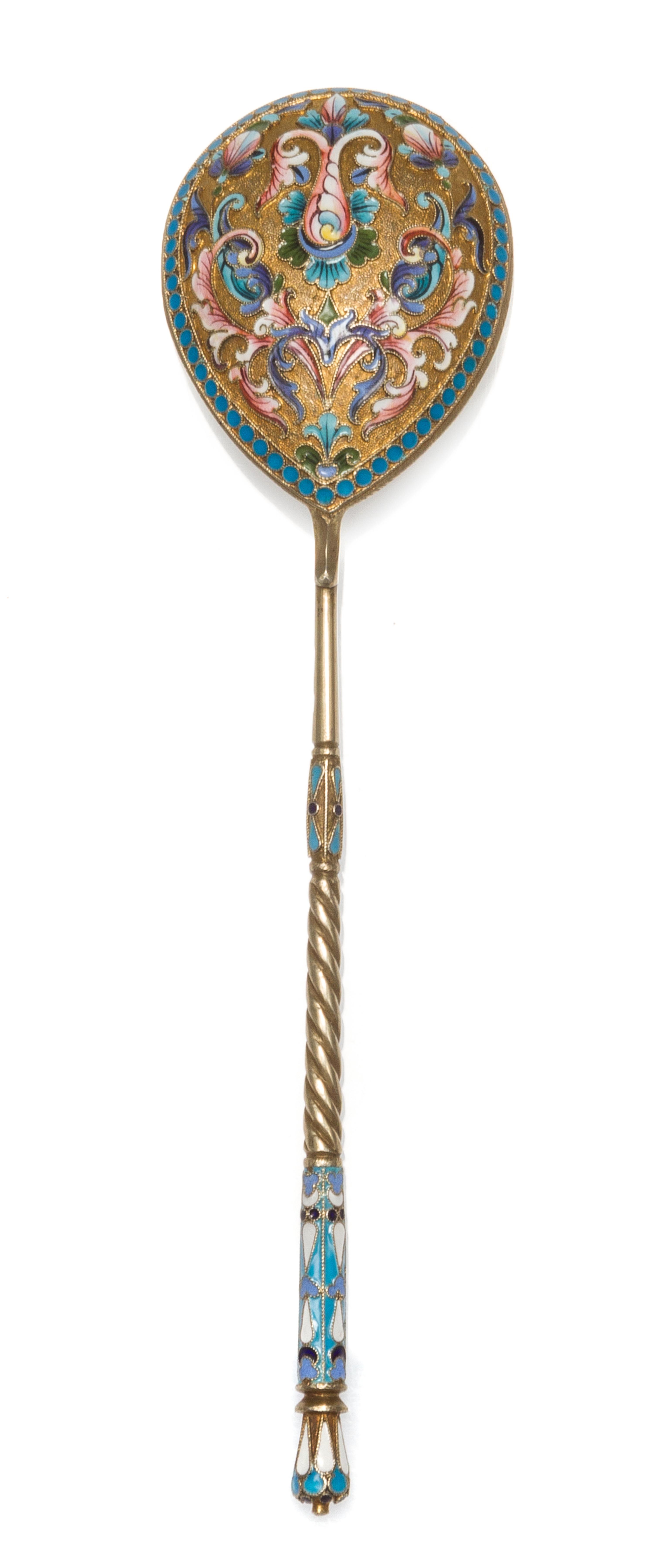 A Russian Silver-Gilt and Enamel Spoon, Mark of D. Nikitin, Moscow, early 20th century, having a polychrome enamel finial on a twist ha