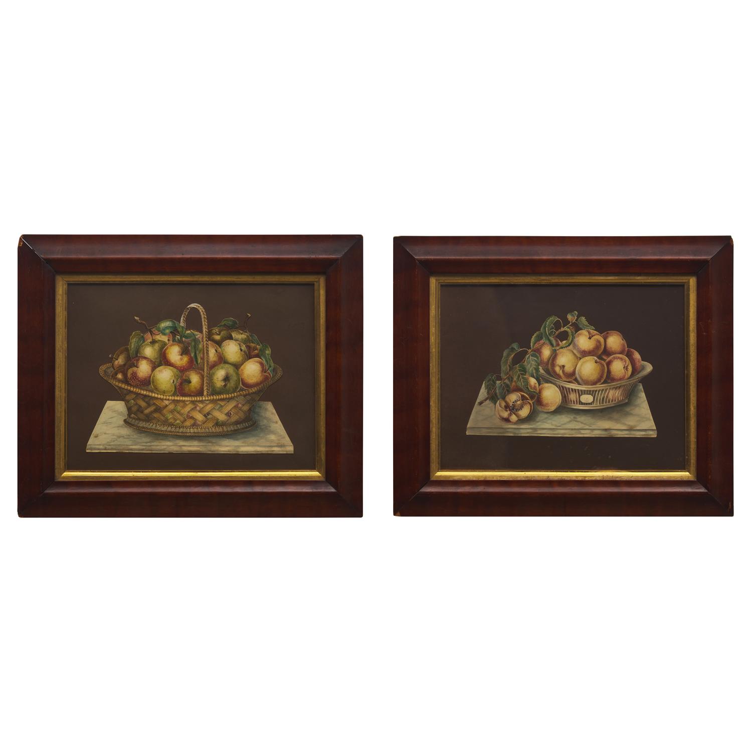 American School 19th Century, A Pair of Cut-Out Still Life Drawings: Bowl of Peaches and Basket of Apples