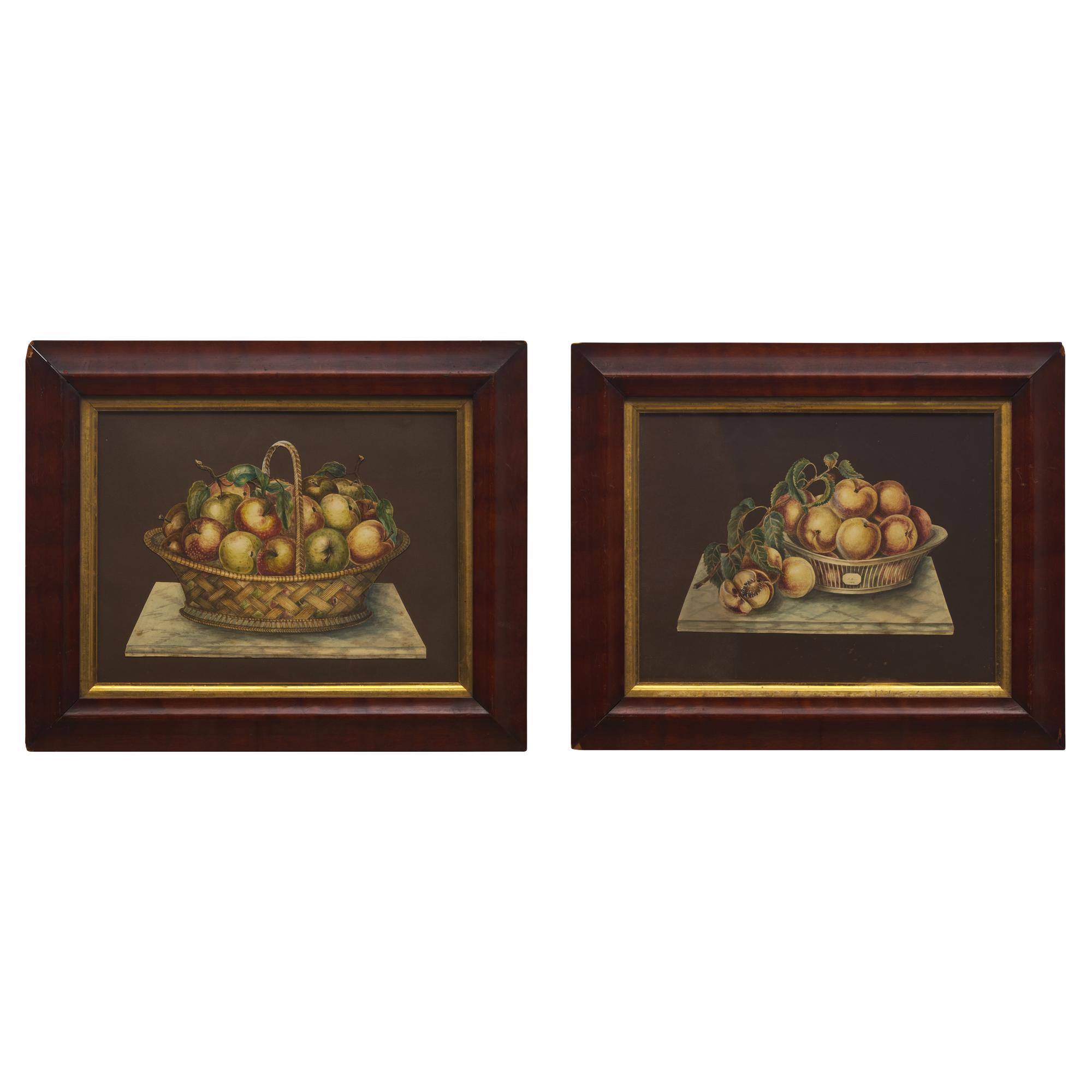 American School 19th Century, A Pair of Cut-Out Still Life Drawings: Bowl of Peaches and Basket of Apples