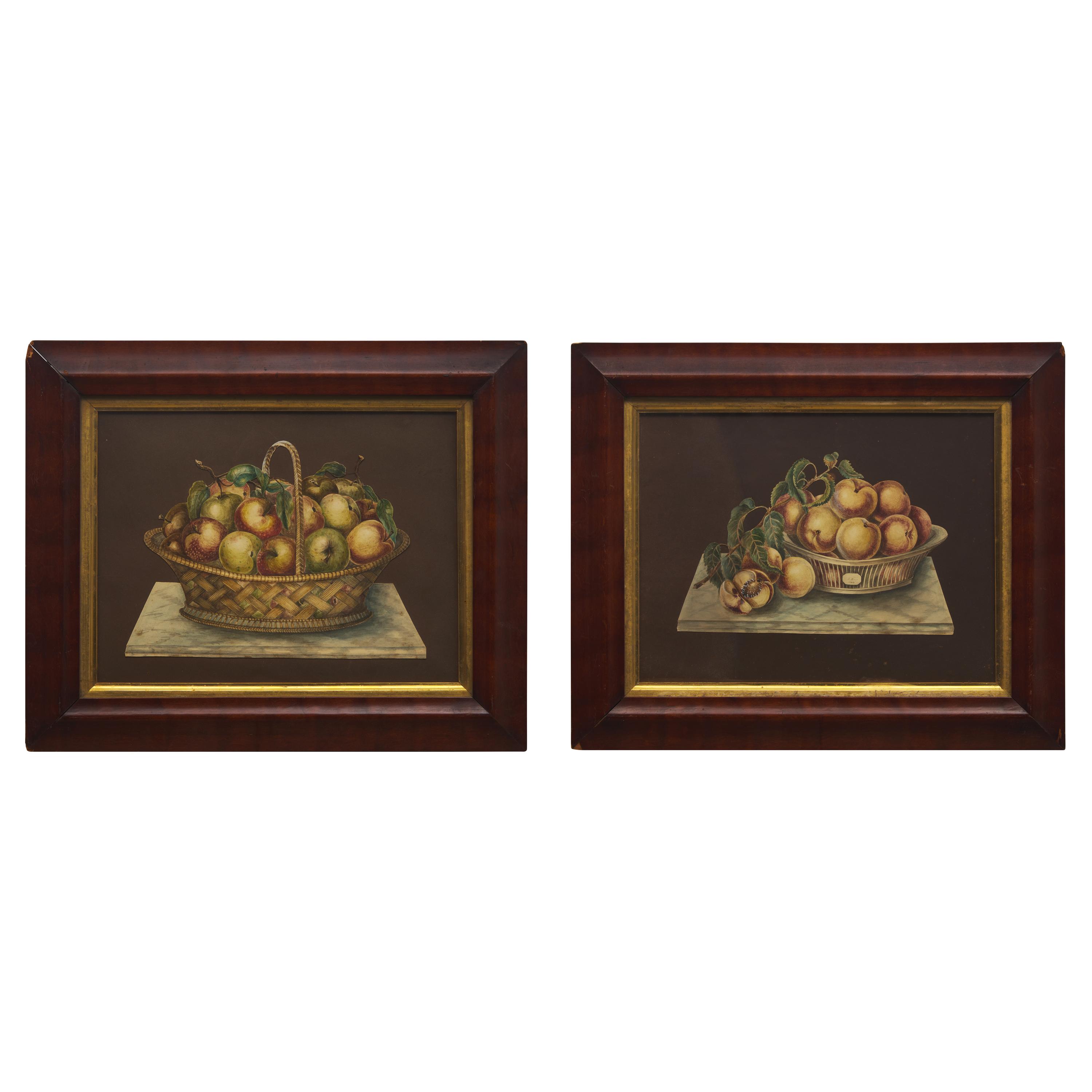 American School 19th Century, A Pair of Cut-Out Still Life Drawings: Bowl of Peaches and Basket of Apples