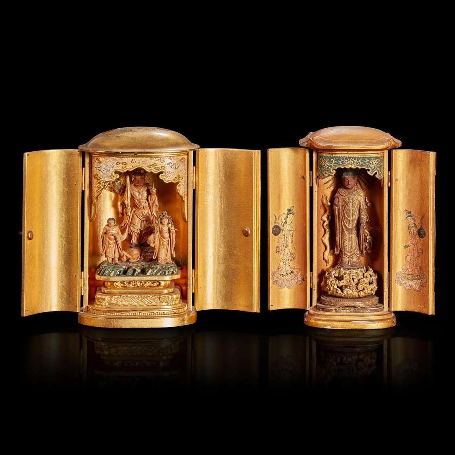 Two Japanese gilt-lacquer zushi shrines and a lacquer dish