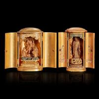 Two Japanese gilt-lacquer zushi shrines and a lacquer dish