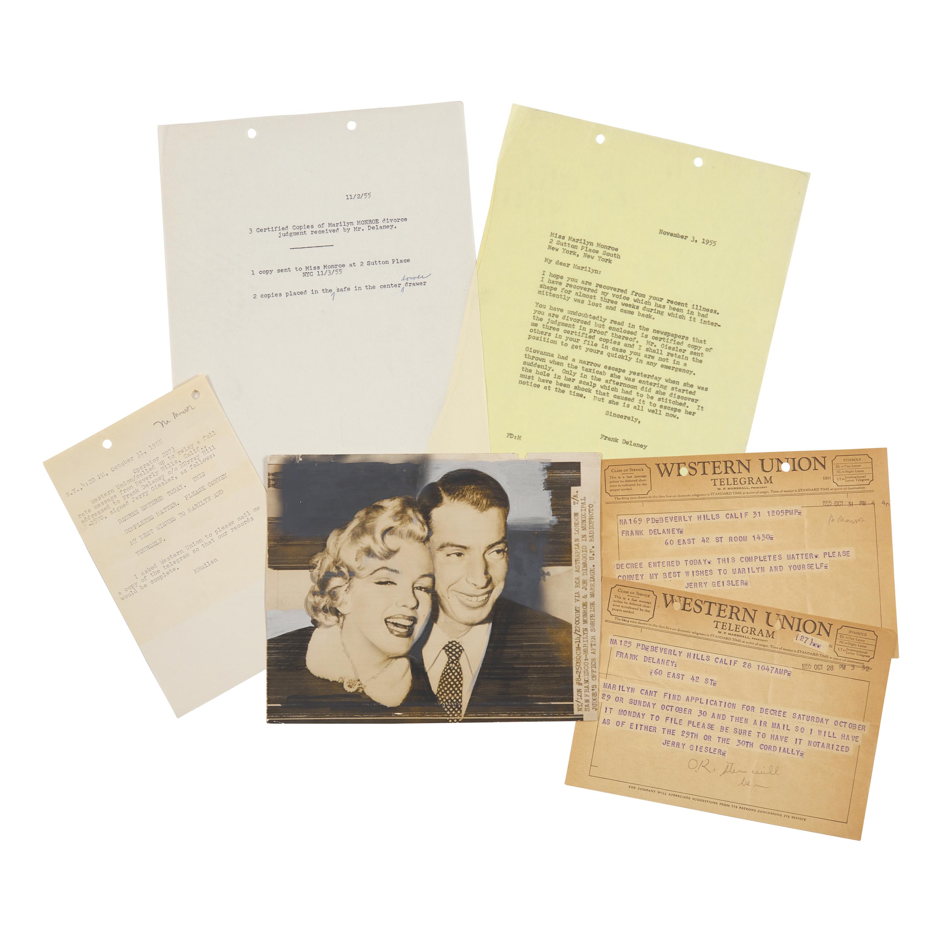 [Monroe, Marilyn] Group of 5 Documents Relating to the Divorce of Marilyn Monroe and Joe DiMaggio