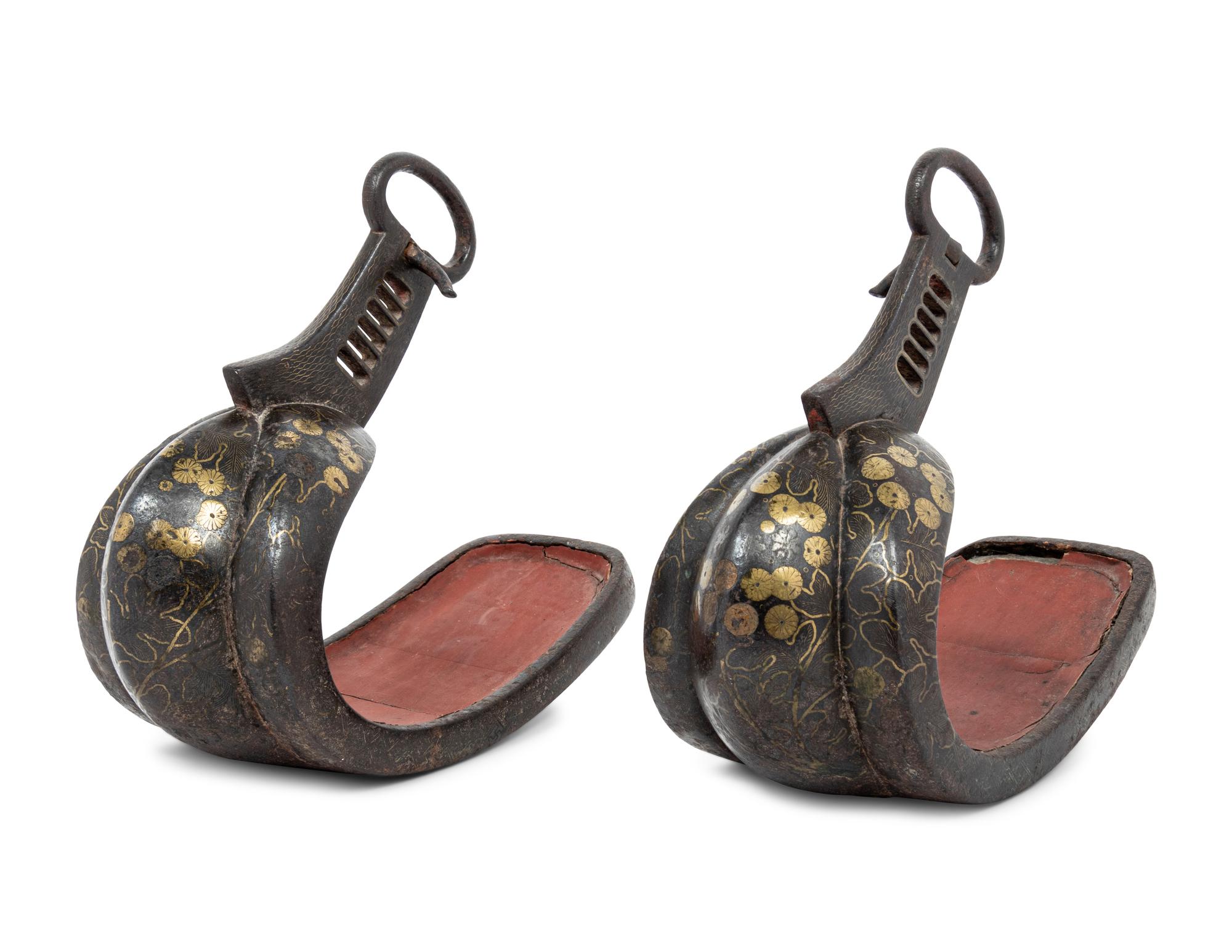 A Pair of Japanese Gold Inlaid Bronze Stirrups
