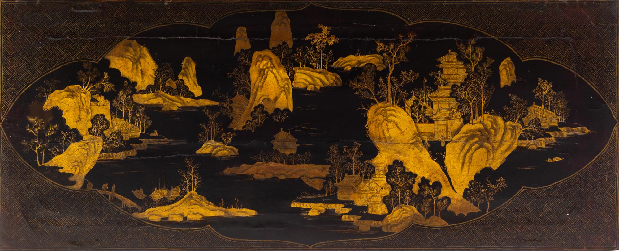 A Chinese Export Black and Gilt Lacquered Scroll Table