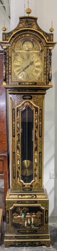 A George III Style Lacquered Tall Case Clock Height 91 inches. — 20TH CENTURY
