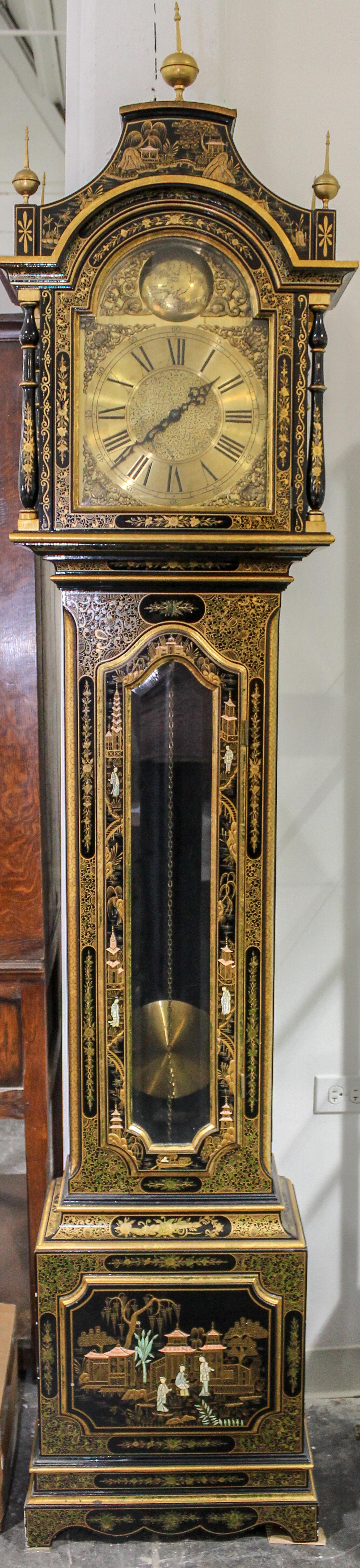 A George III Style Lacquered Tall Case Clock Height 91 inches. — 20TH CENTURY