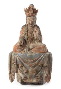 A Chinese Polychrome Carved Wood Figure of Seated Guanyin LIKELY LATE 19TH CENTURY Height 35 1/4 inches. — LIKELY LATE 19TH CENTURY