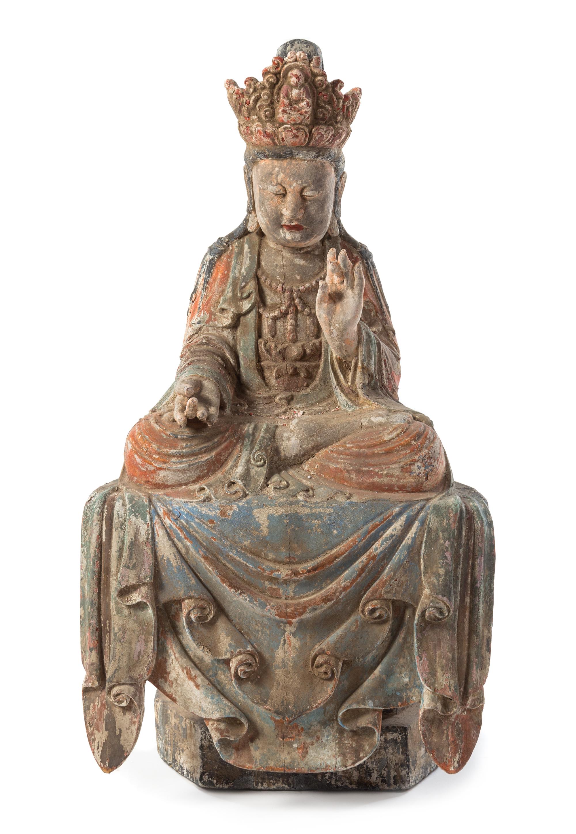 A Chinese Polychrome Carved Wood Figure of Seated Guanyin LIKELY LATE 19TH CENTURY Height 35 1/4 inches. — LIKELY LATE 19TH CENTURY