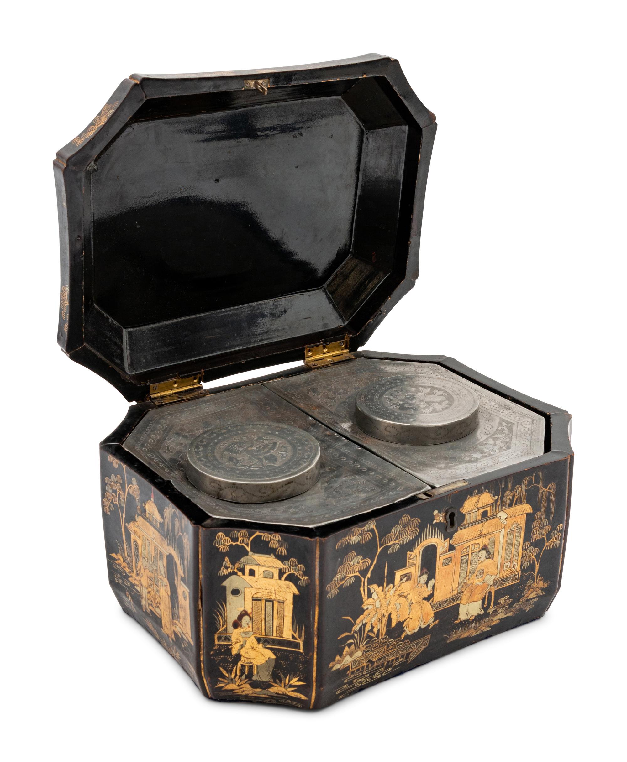 A Chinese Export Lacquered Tea Caddy