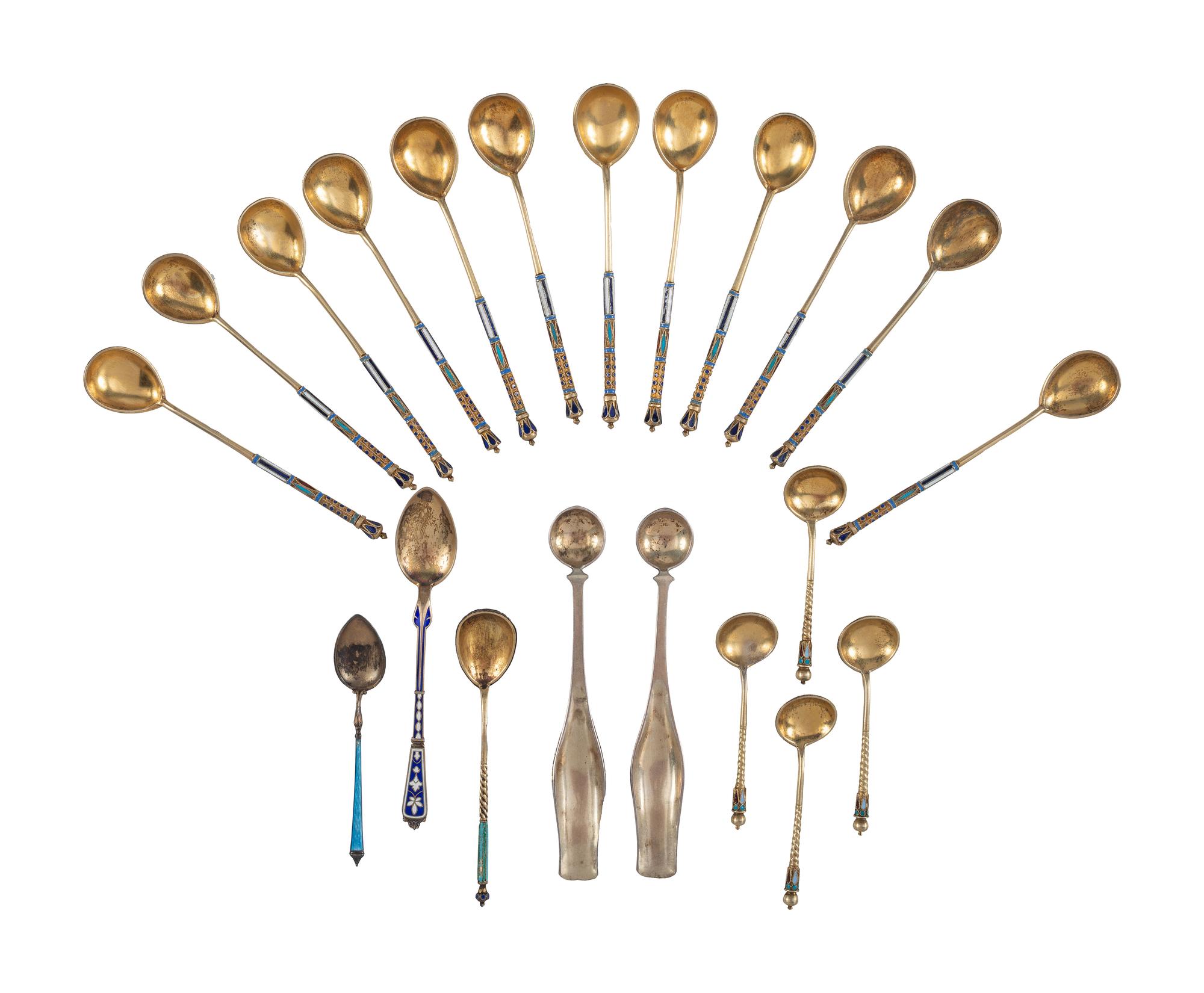 Sixteen Russian Silver and Enamel Spoons