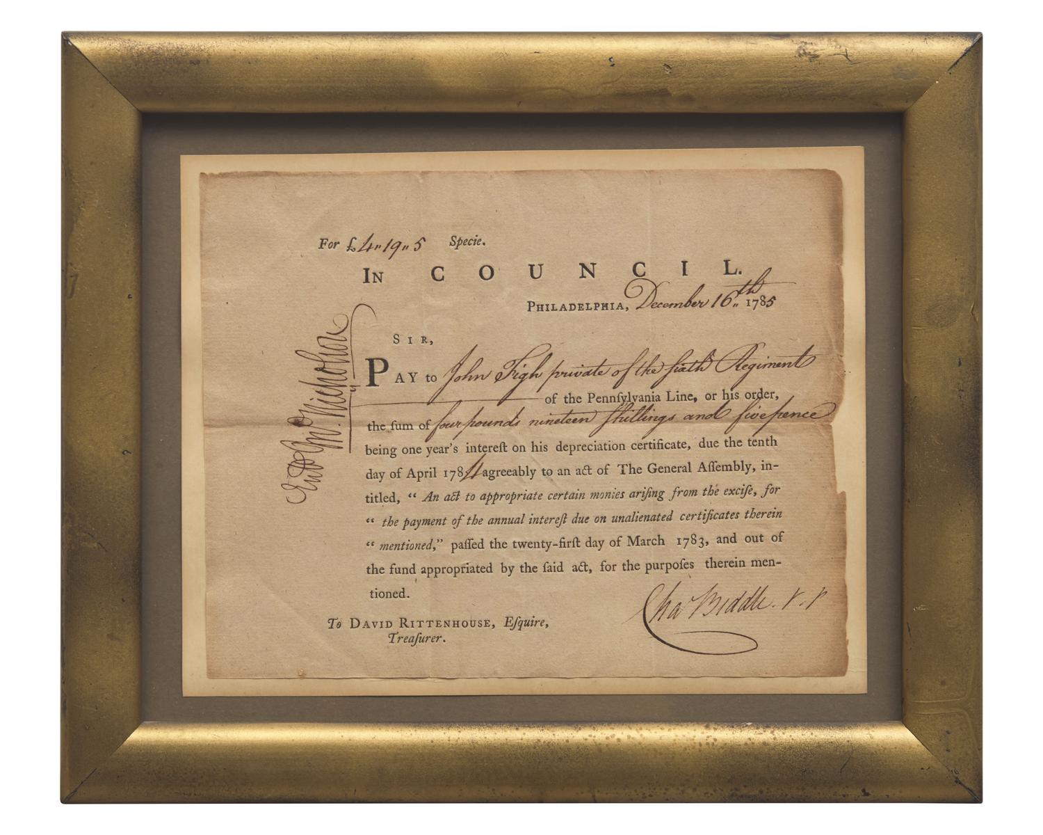 [Americana] Biddle, Charles. Partially-Printed Document, signed