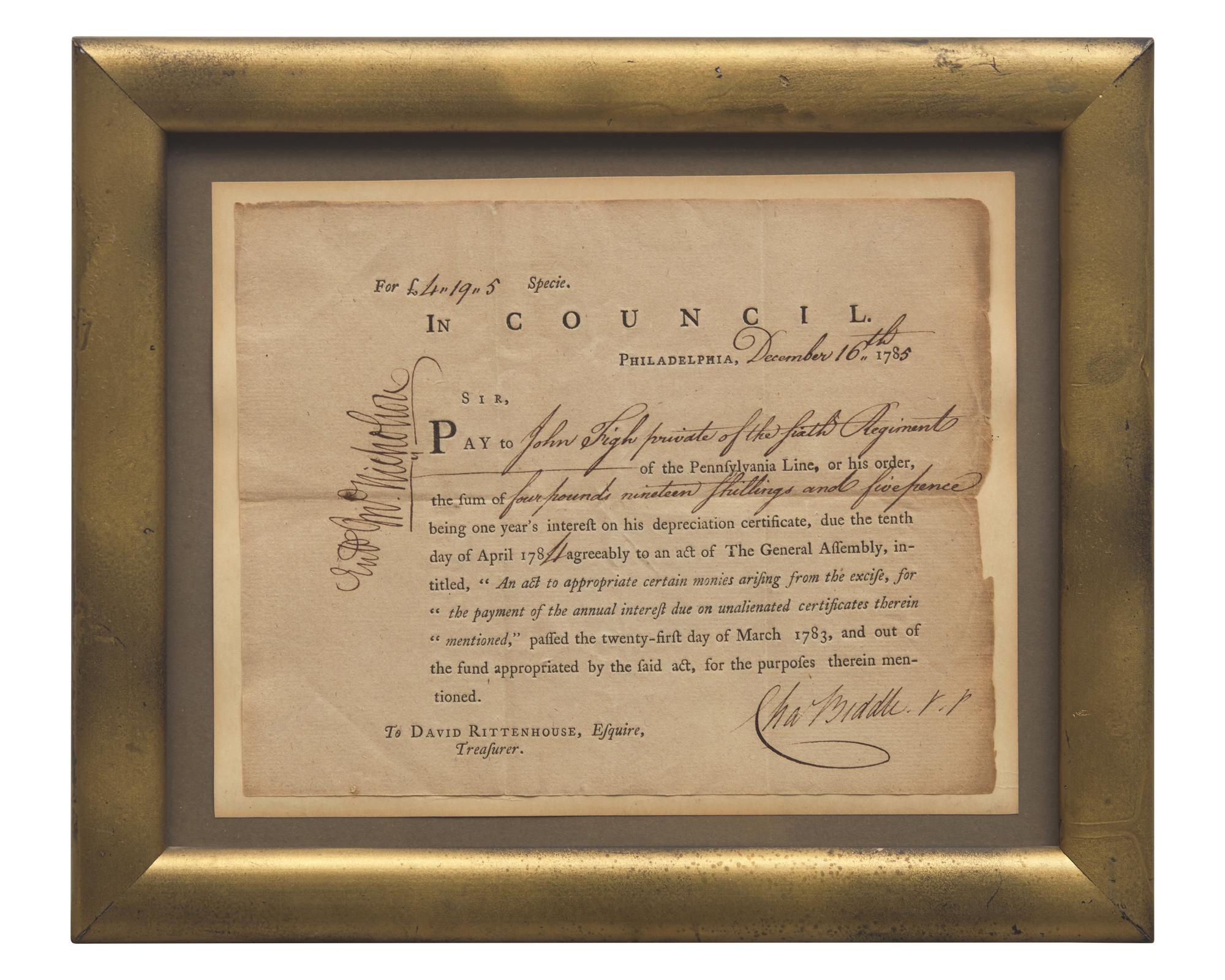 [Americana] Biddle, Charles. Partially-Printed Document, signed