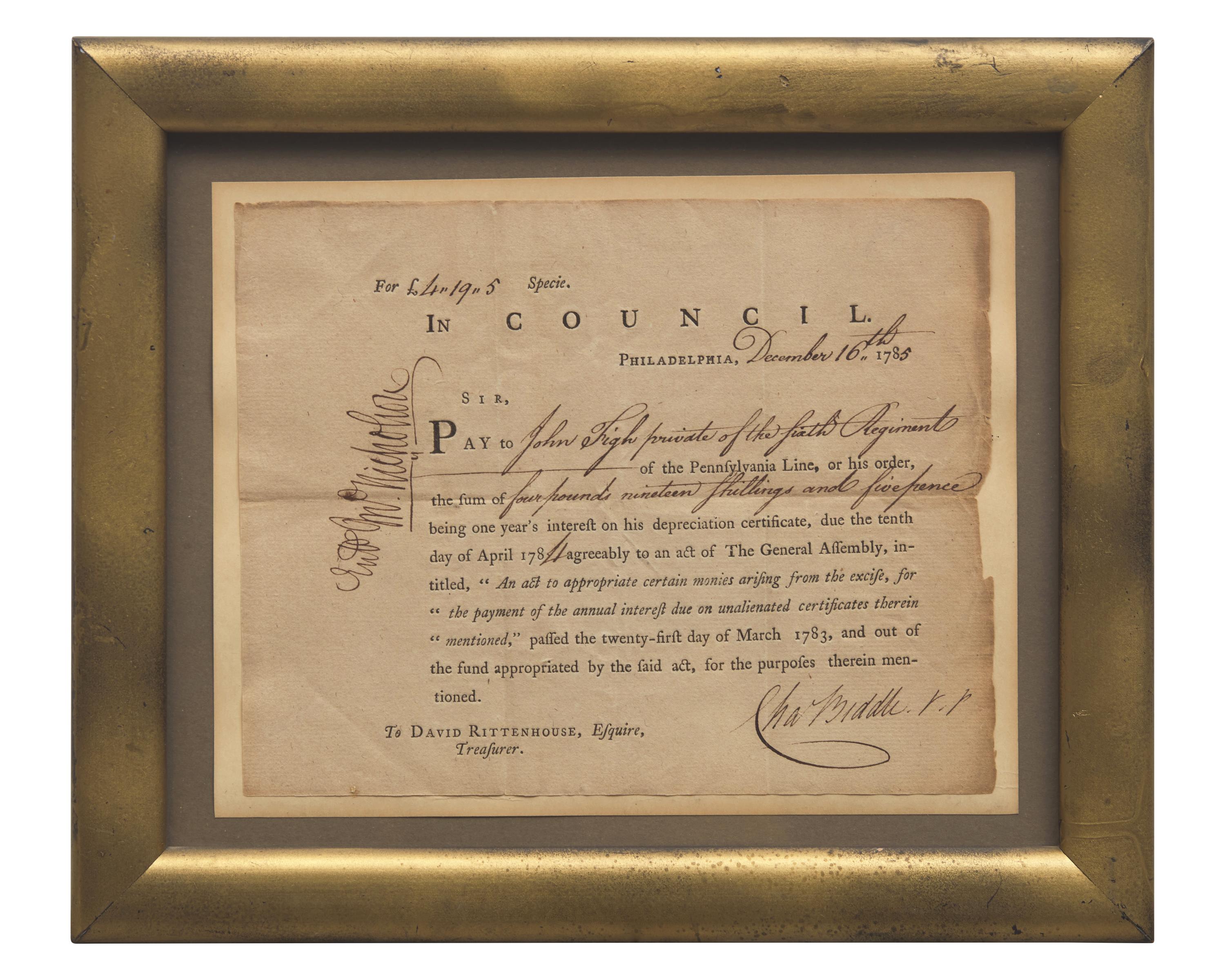 [Americana] Biddle, Charles. Partially-Printed Document, signed