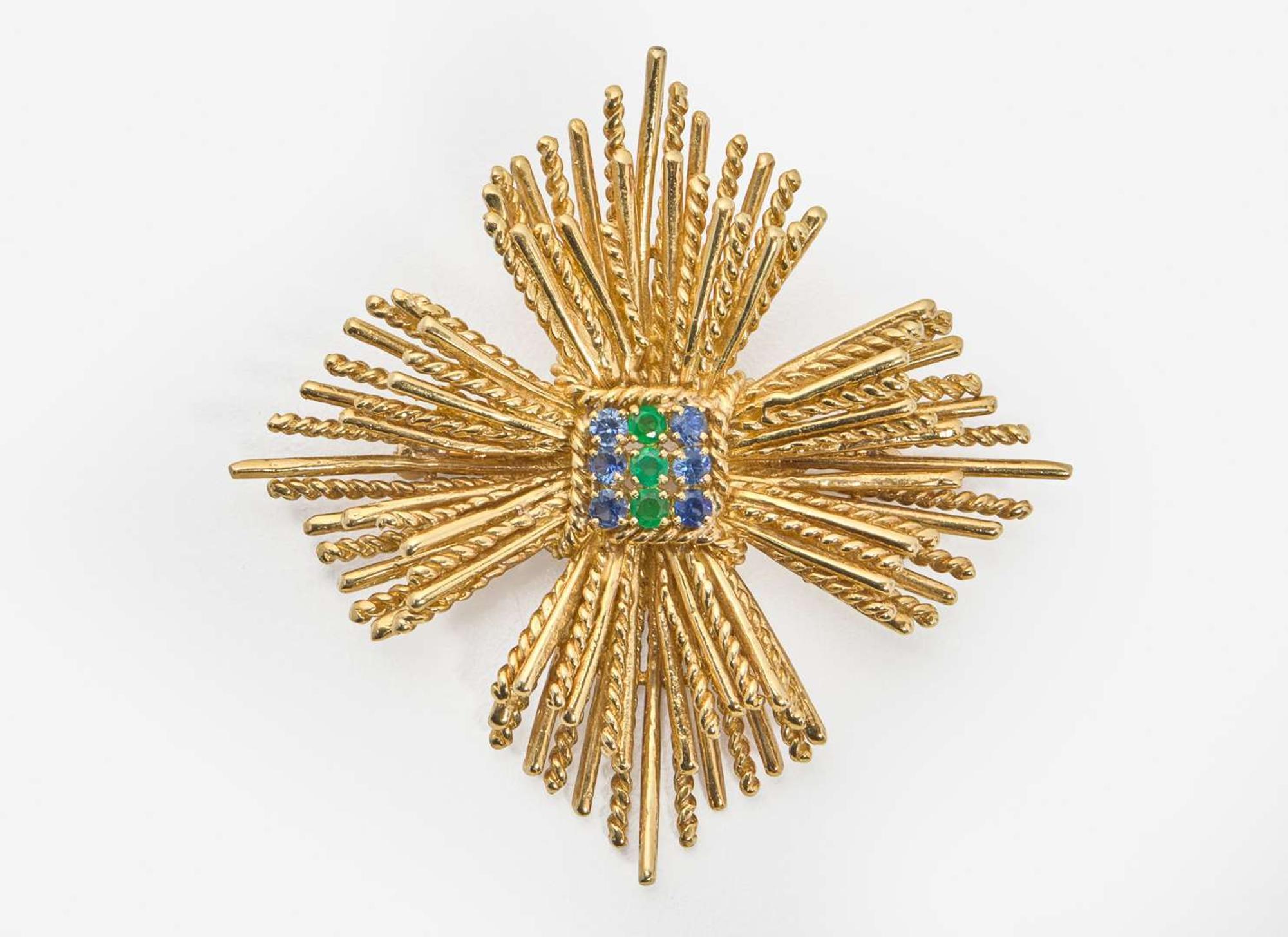 An 18K Yellow Gold, Sapphire, and Emerald Brooch