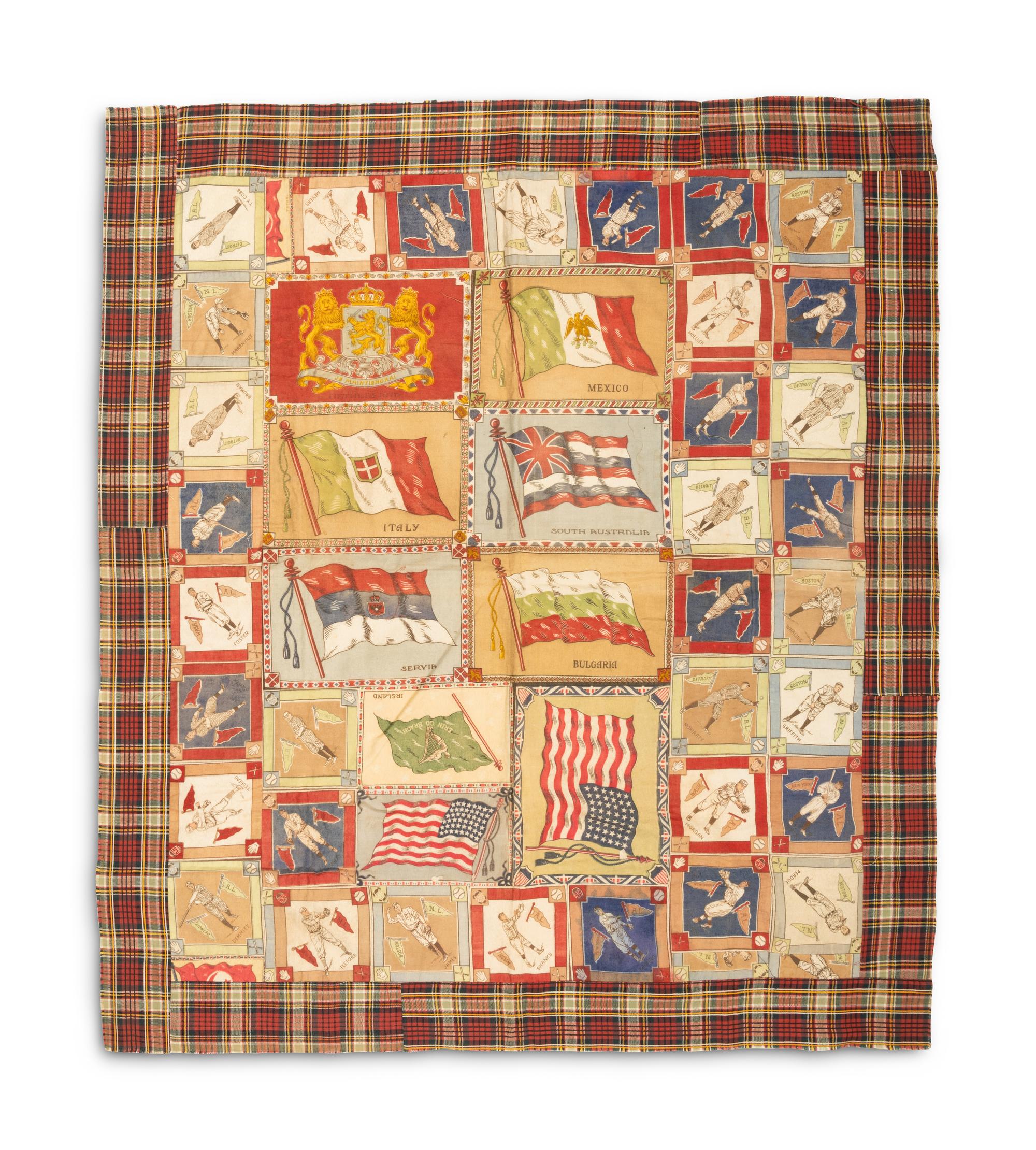 An Impressive Vintage Blanket Quilt Made of 1914 B18 Baseball Squares Including Ty Cobb