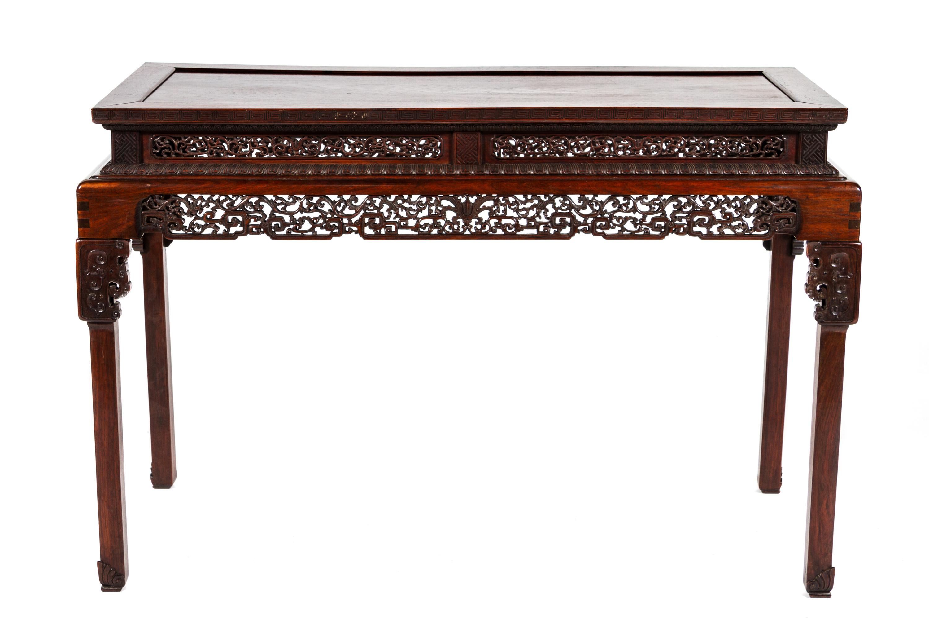 A Chinese Carved Hardwood Altar Table Height 29 7/8 x width 45 1/2 x depth 21 3/8 inches.